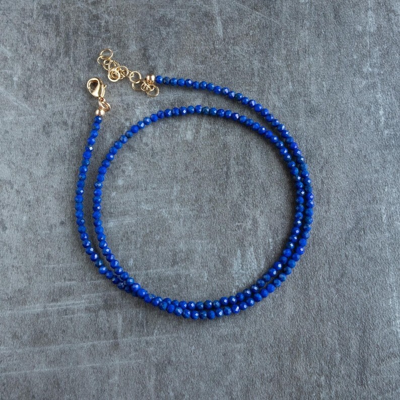 Dainty Lapis Lazuli Faceted Round Gemstone Beads Handmade Women Necklaces 18”