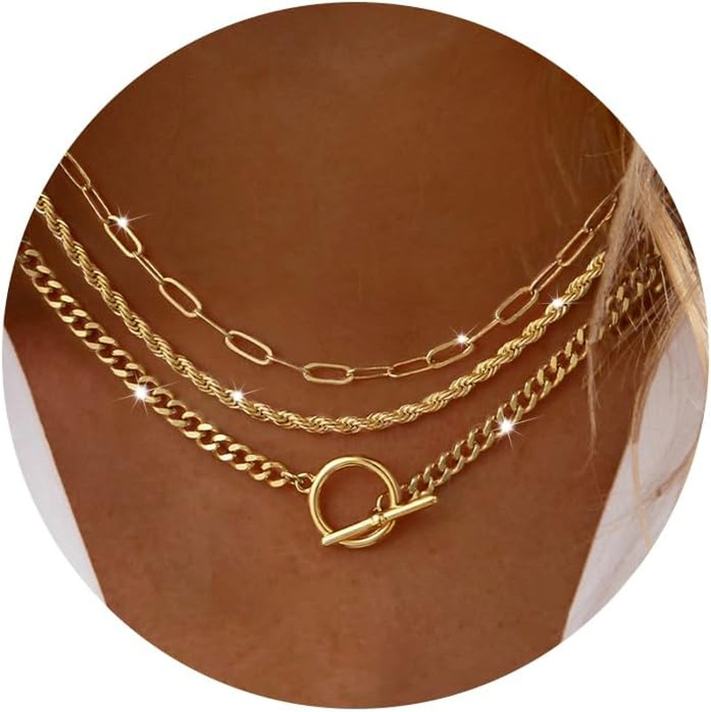 Layered Necklaces for Women – 14K Gold Plated Stack Necklace Paperclip Rope Cuba