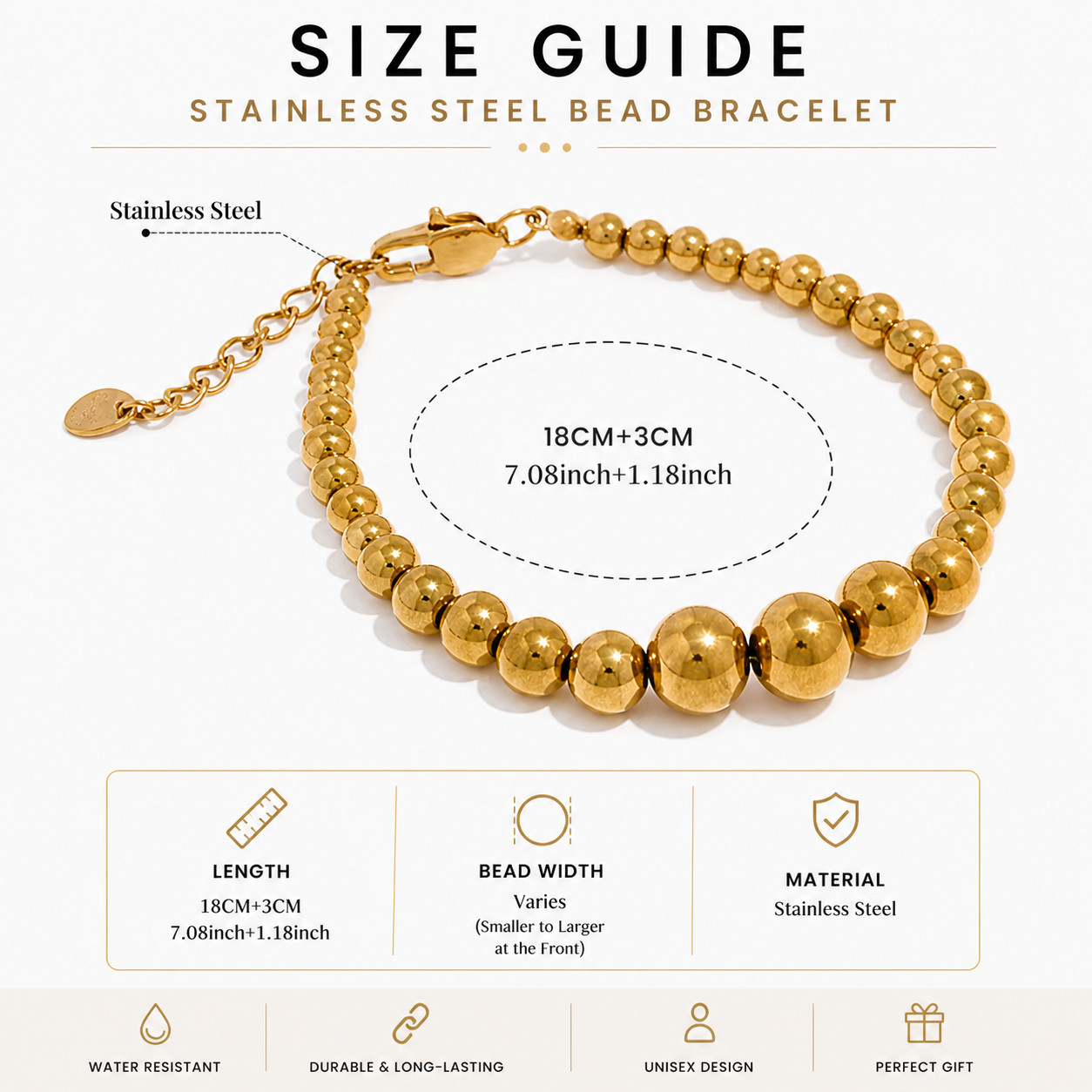 Stainless Steel Bead Bracelet 18K PVD Gold Silver Chain Minimalist Unisex Gift