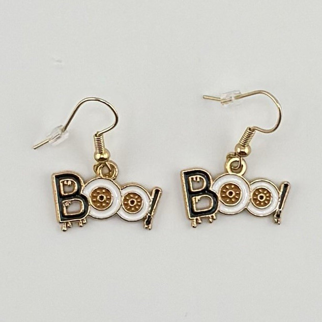 Gold Tone Enamel Boo! Dangle Drop Hook Earrings Black White Halloween