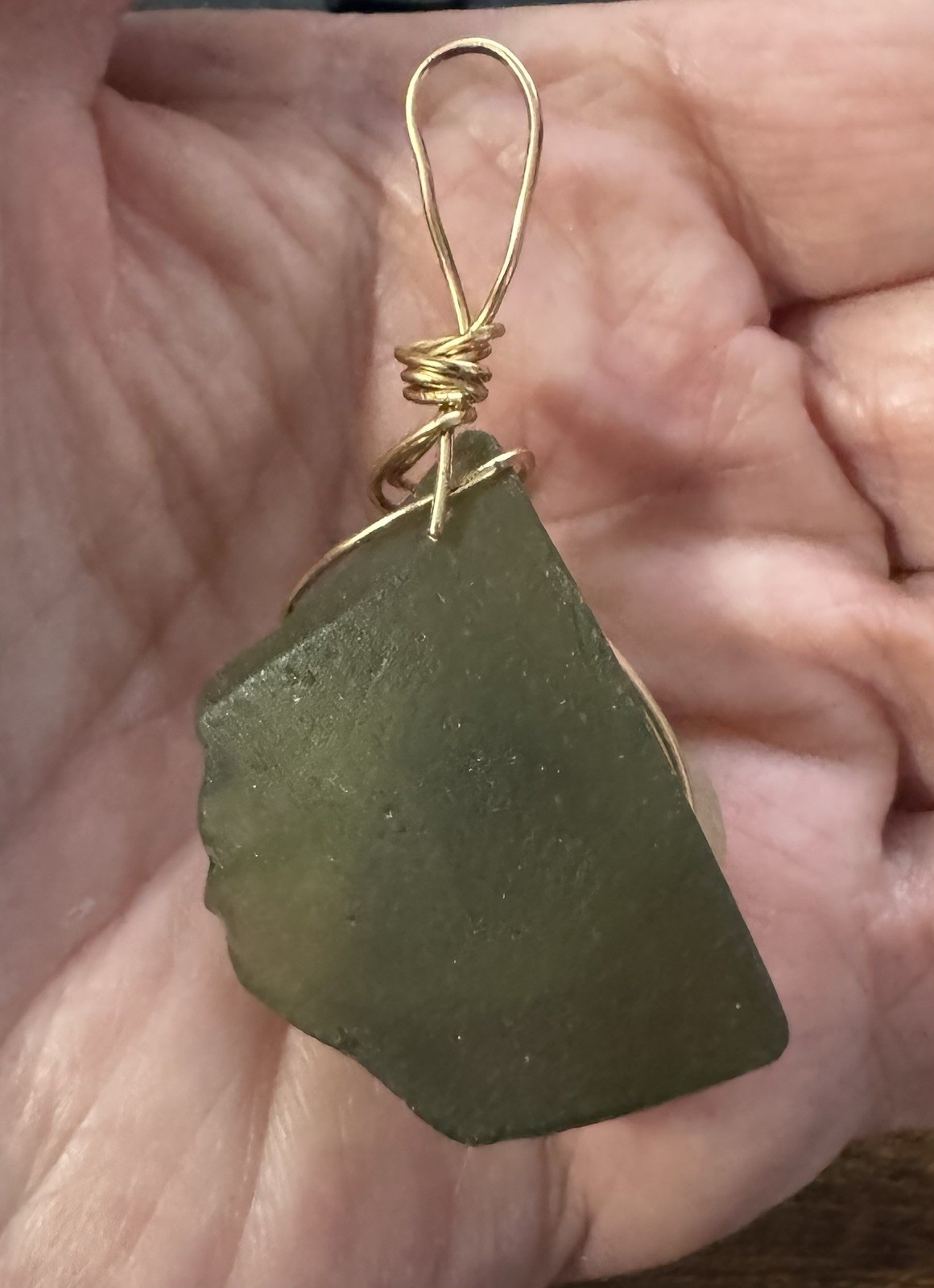 Copper Wire Wrapped Sea Glass Pendant Green and White