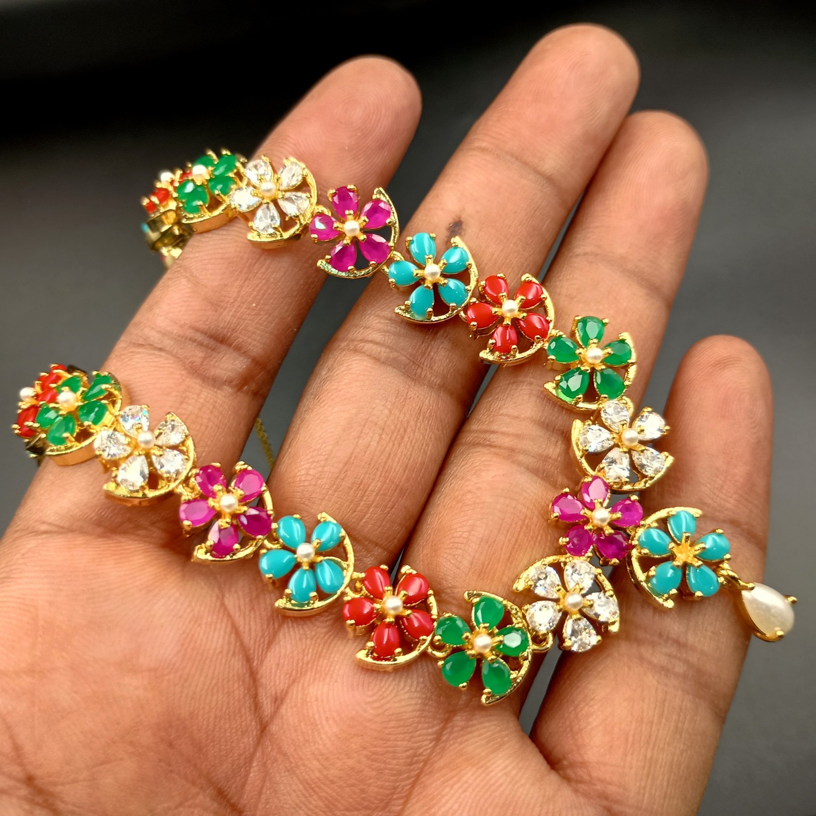 Royal Navratan Stone Necklace Set 22k Gold Plated Indian Bridal Jewelry Gift Her