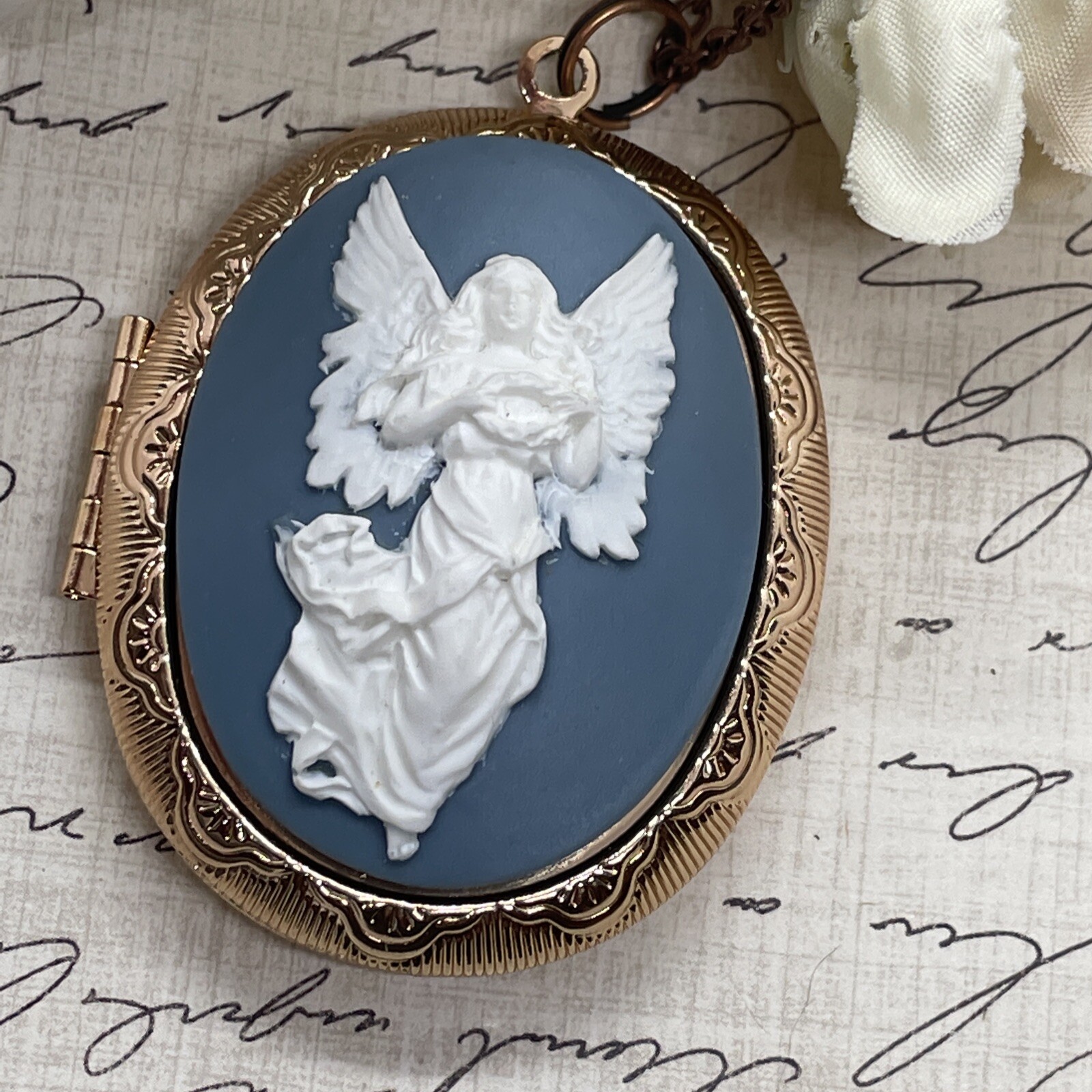 Blue White Angel Wedding Anniversary Birthday Rose Gold gift Bridal Photo Locket