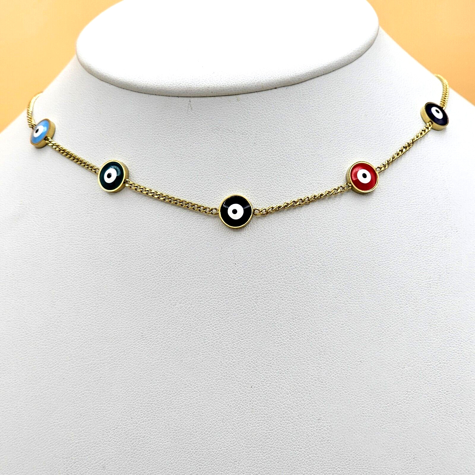Stainless Steel Yellow Plated Blue Green Black Red Evil Eye Necklace. Amulet.