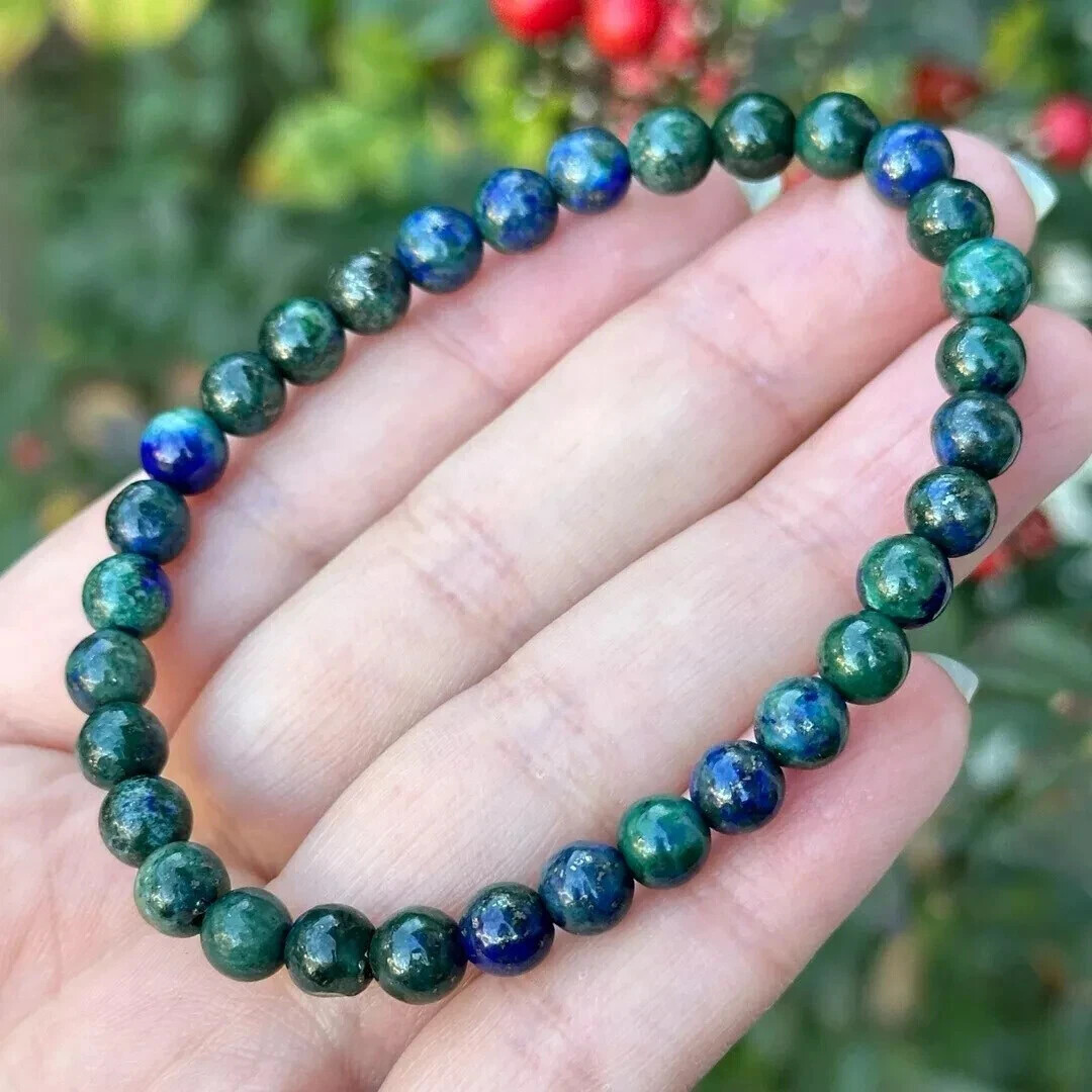 Azurite Malachite Gemstone Stretch Dainty Bracelet Minimalist 4mm Round Beads
