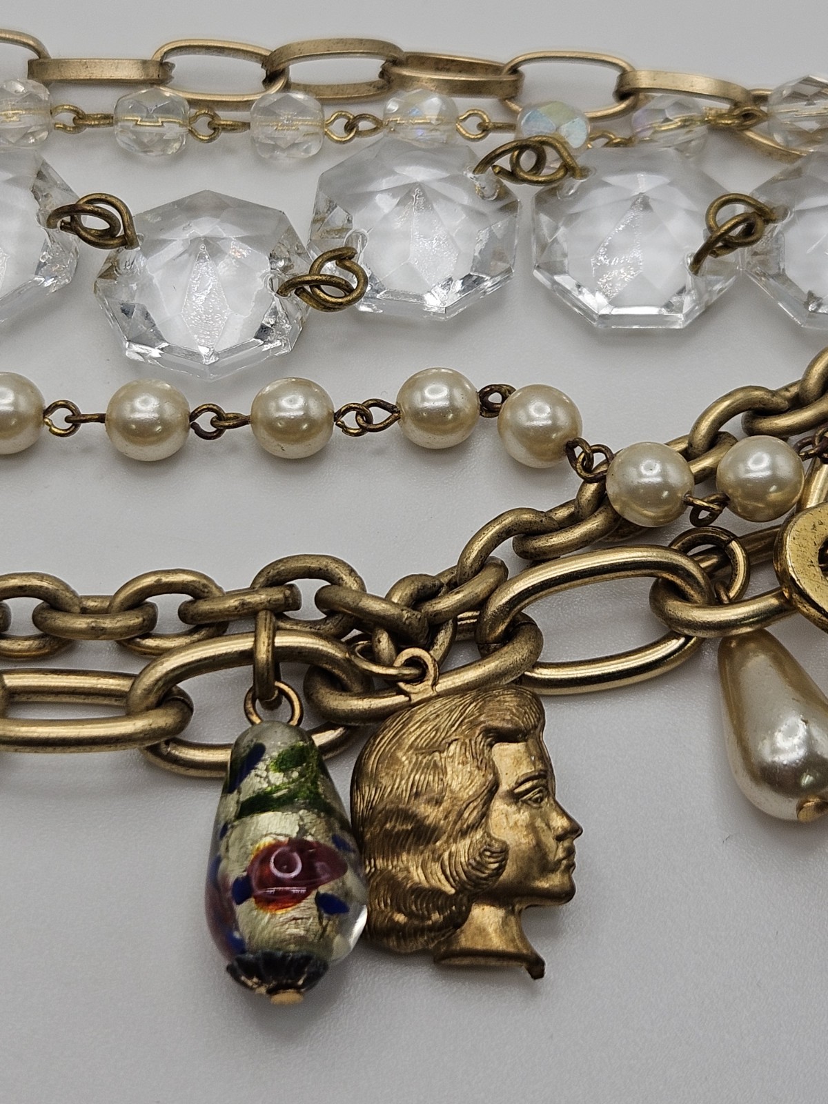 John Wind Chunky Charm Bracelet Multi Strand Faux Pearl Clear Crystal Art Glass