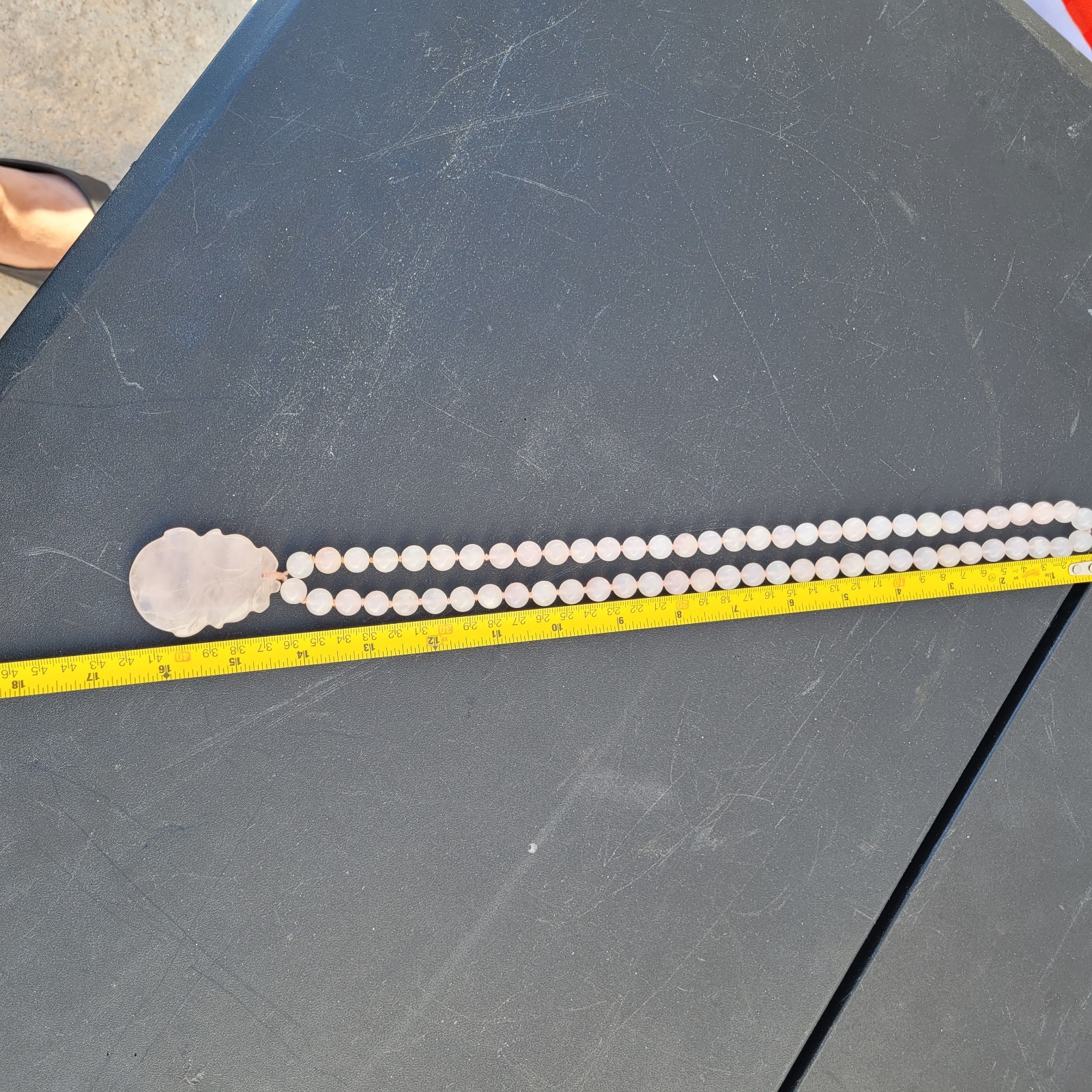 Hand-Knotted Natural Rose Quartz Bead Necklace with Carved Pendant 10mm 32″