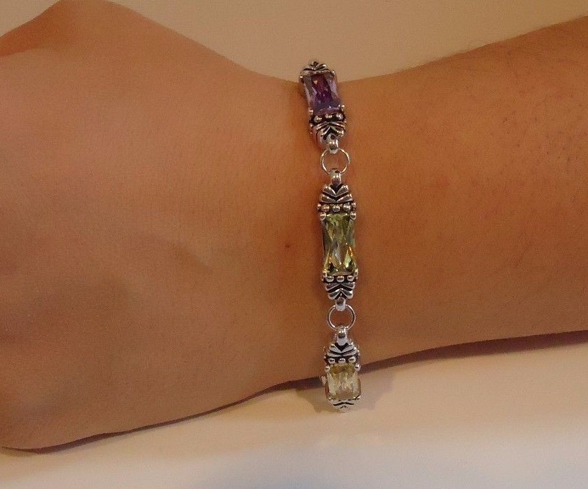 RECTANGULAR BRACELET W/ MULTI-COLOR GEMSTONES/ 925 STERLING SILVER / 7” LONG