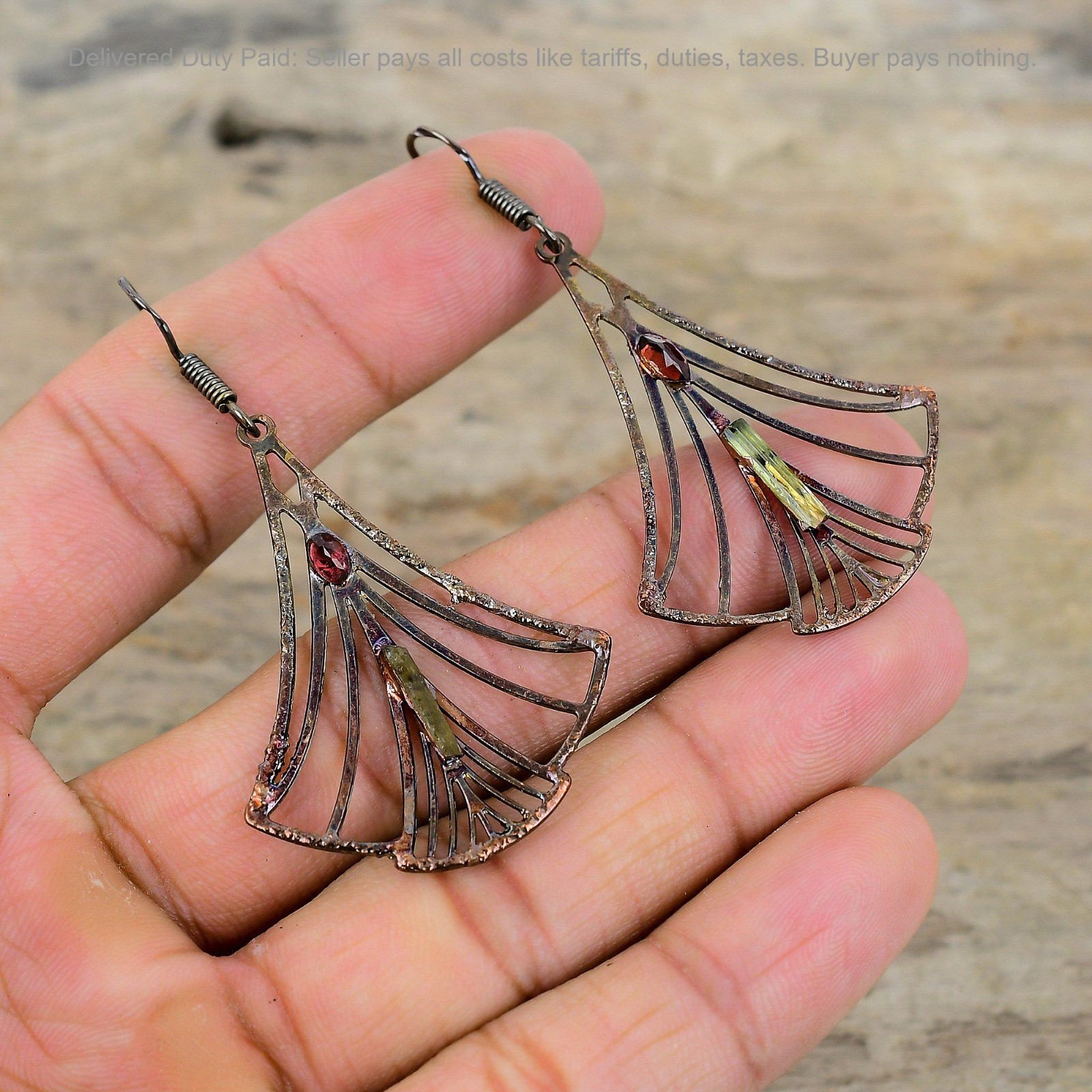 Copper Natural Multi Tourmaline Rough Drop Dangle Electroformed Earrings Jewelry