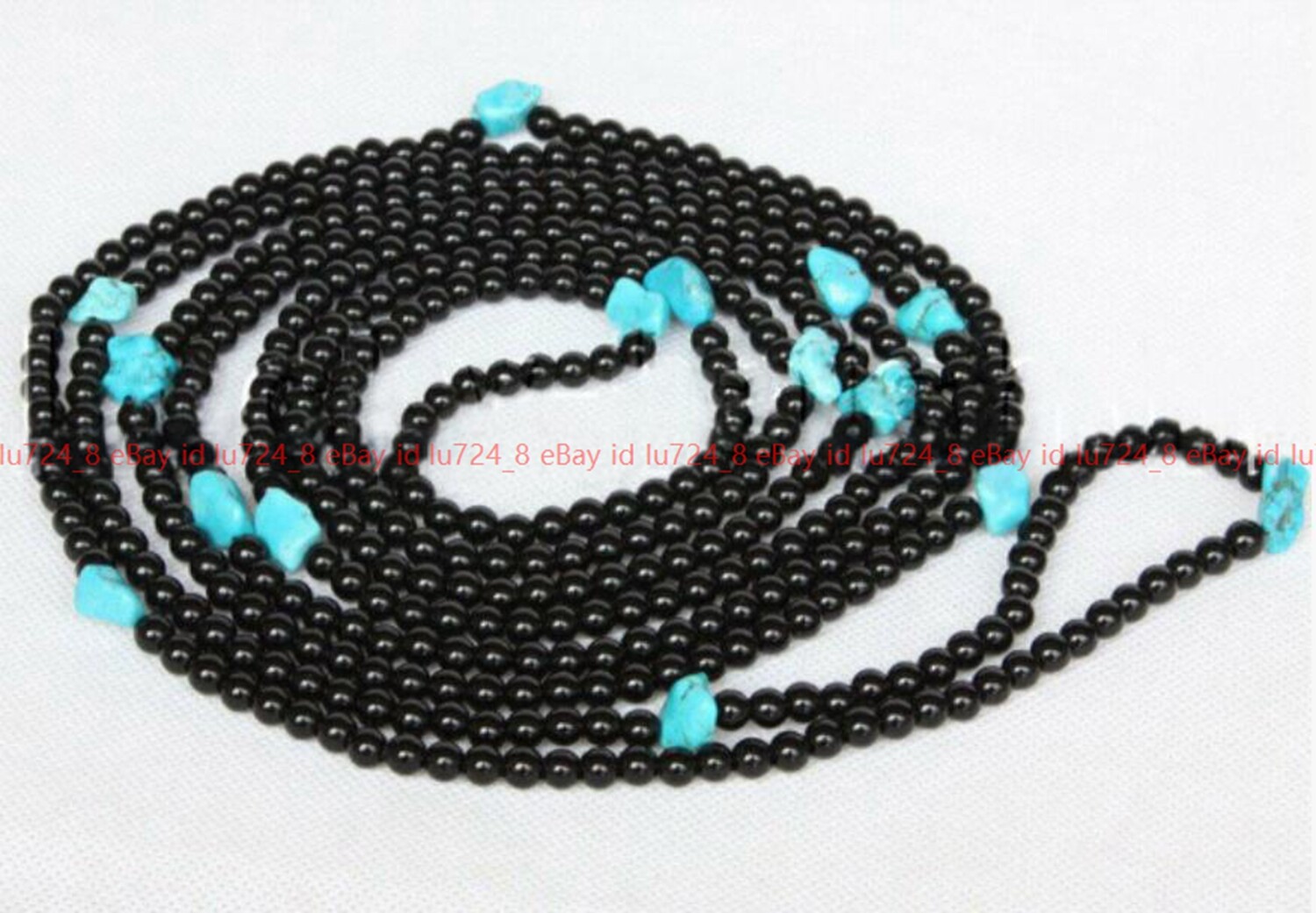 Natural 6mm Black Agate & 11x13mm Baroque Blue Turquoise Gems Necklace 24-100″