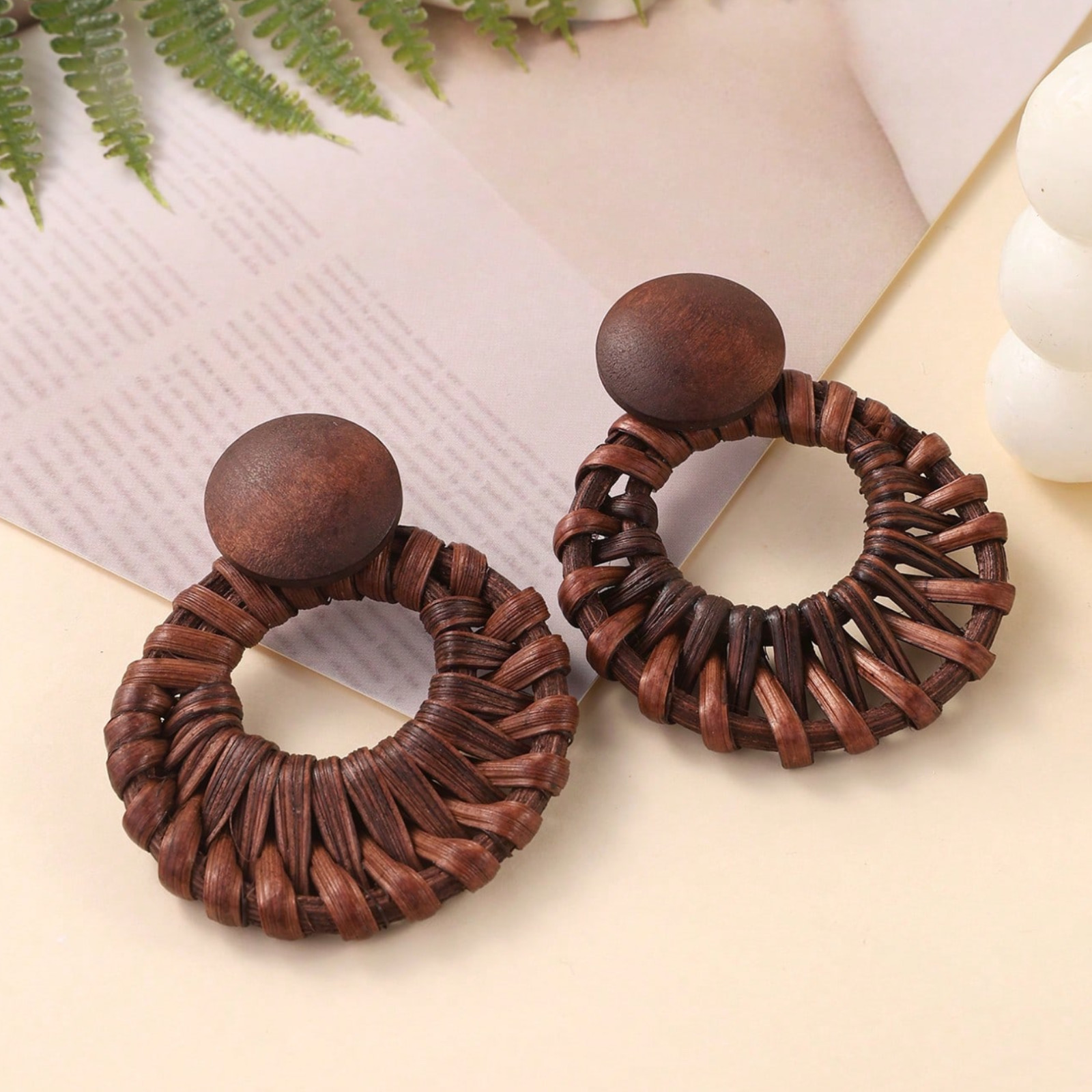 Handmade Earrings Woven Rattan Hollow Circle & Natural Wood Design Ear Studs