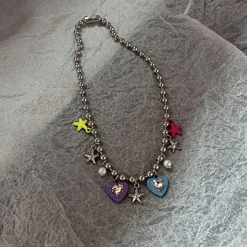 Boho Kpop Colorful Sugar Star Tassel Pendant Choker Necklace for Women Sweet Lov