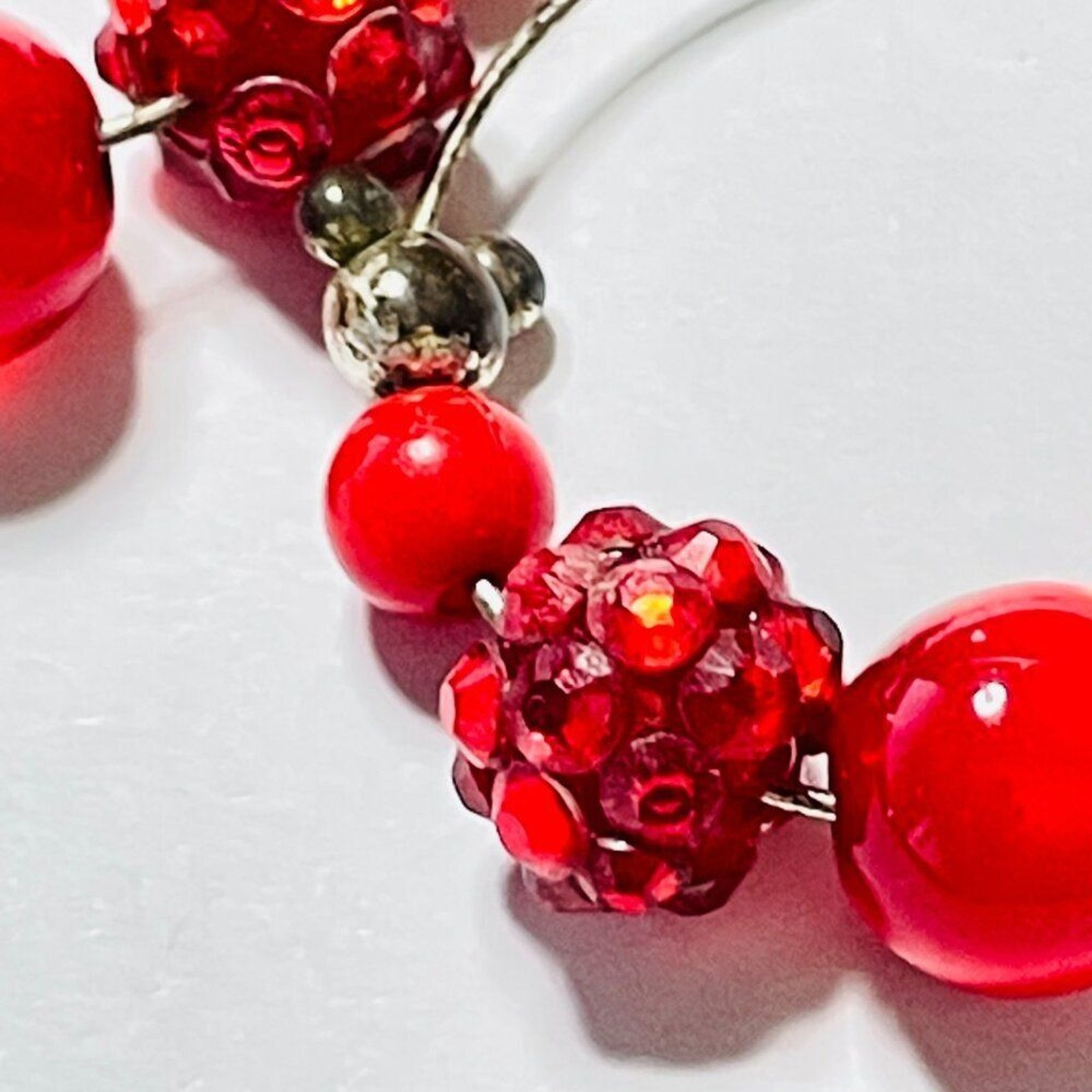 Disney Red Beaded Hoop Earrings Hidden Mickey Silver Tone Dangle