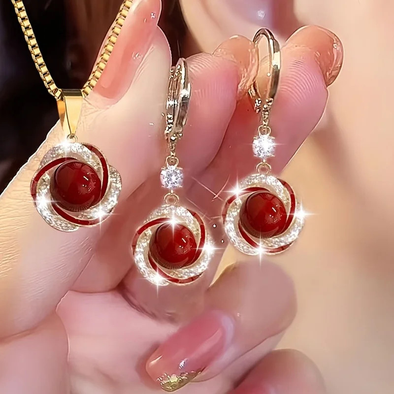 3pcs Shining Zircon Flower Jewelry for Sets Women Light Luxury Imitation