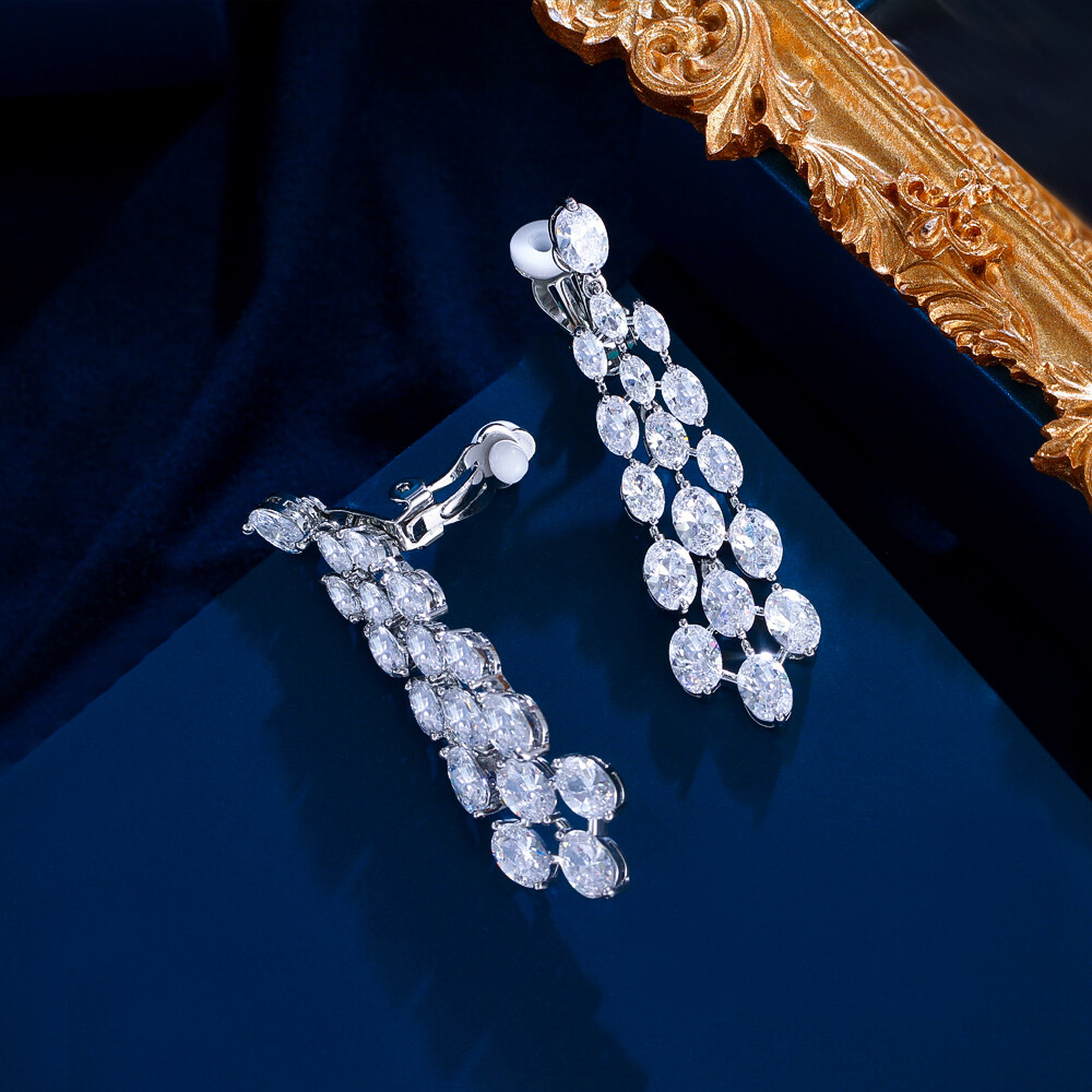Clip On Long Chandelier Drop Earrings Silver Plated Cubic Zircon Wedding Jewelry
