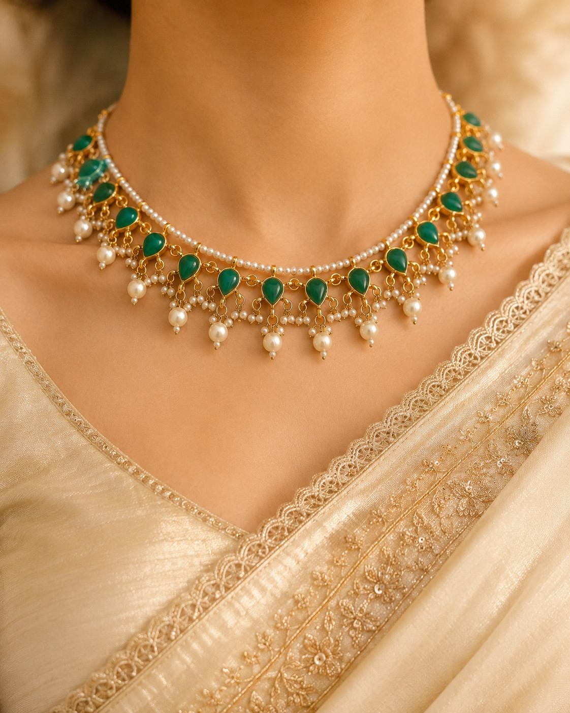 Authent Emerald Green Teardrop Pearl Necklace Set with Long Earrings Roz Jewelle
