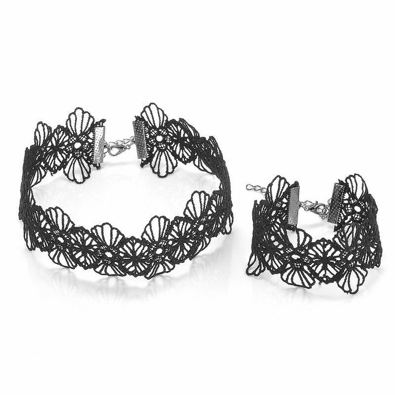 Retro Women Black Lace Flower Choker Necklace Bracelet Punk Gothic Jewelry Set
