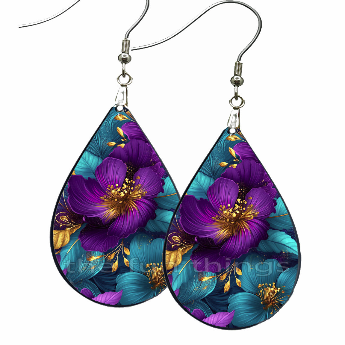 Watercolor Purple & Teal Floral Print Dangle Earrings Teardrop NO TARNISH Wood