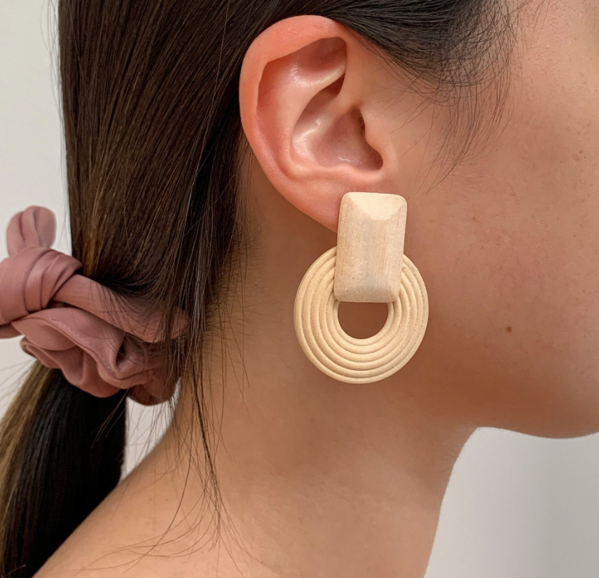 Wood Earrings, Modern bold earrings, Light beige mid century modern inspired