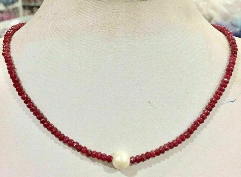 2x4mm Faceted Roundel Red Ruby 9-10mm White Pearl Gems Beads Necklace 18″ AAA