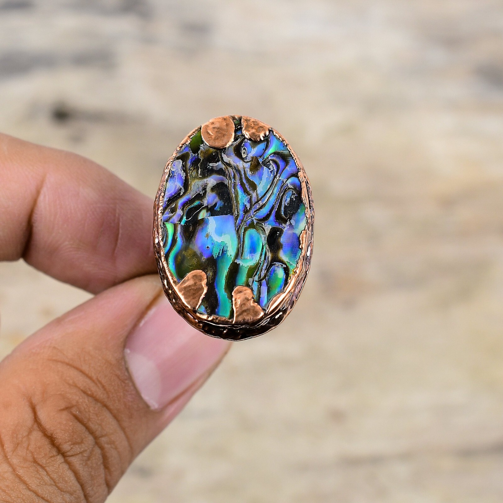 Copper Oval Abalone Shell Stone Bezel Electroformed Promise Ethnic Ring Jewelry