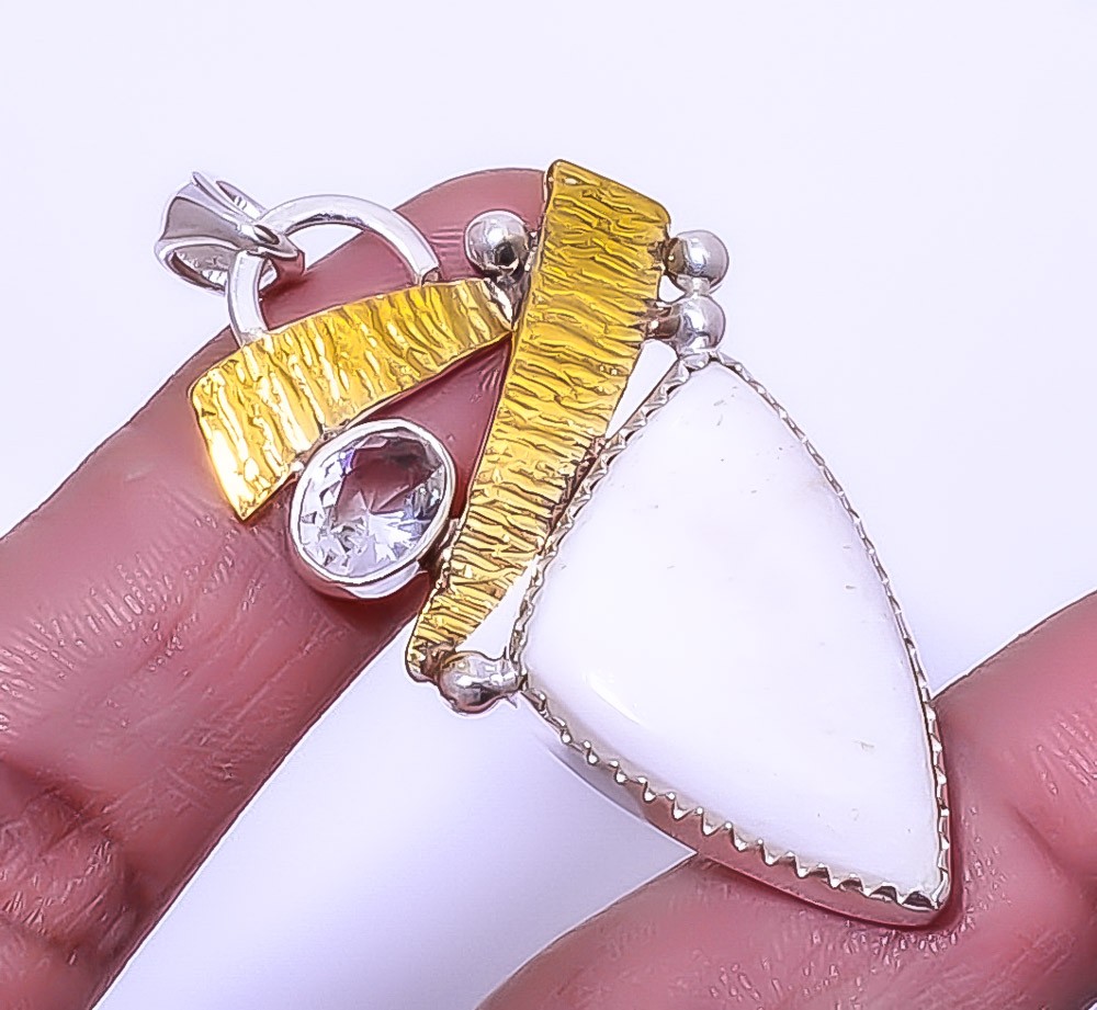 White Scolecite – India Gemstone 925 Sterling Silver Two Tone Pendant 2.34″ A317