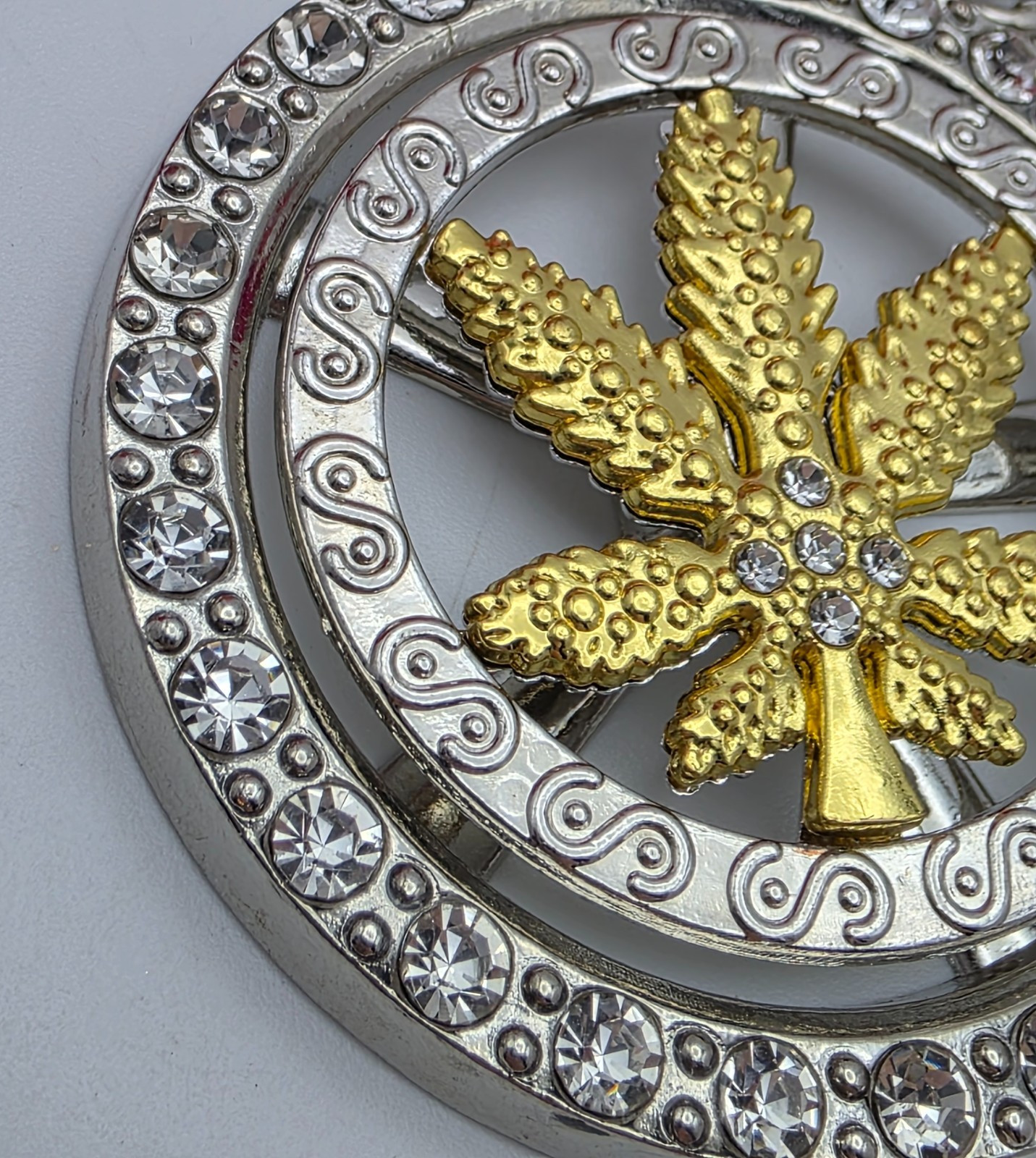 Iced Out Cannabis Leaf Spinner Pendant Necklace Two Tone Rhinestone 31 in Weed