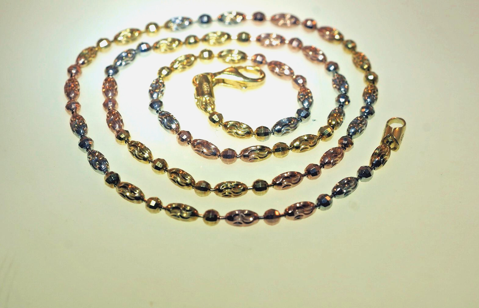 CHOICE ITALIAN TRICOLOR GOLD-PLATED 925 SILVER DC OVAL BALL BEAD CHAIN NECKLACE