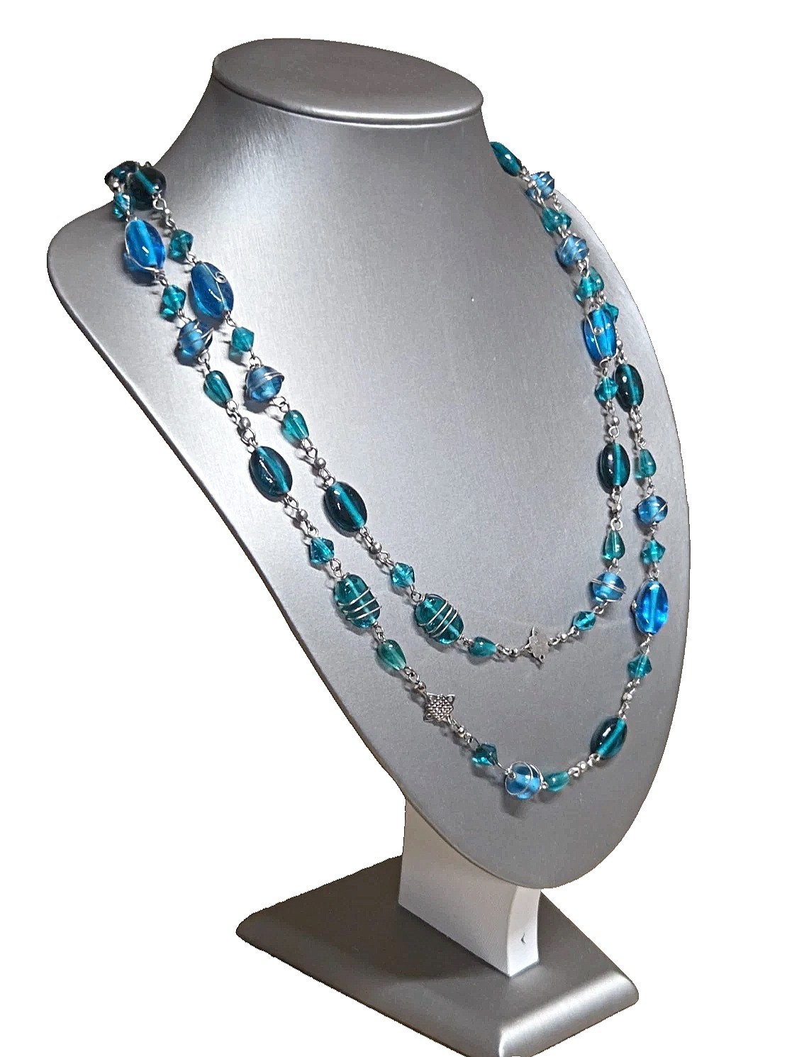 Vintage Wire Wrapped Faceted Blue Glass Beads Necklace Flapper Length 48 in.