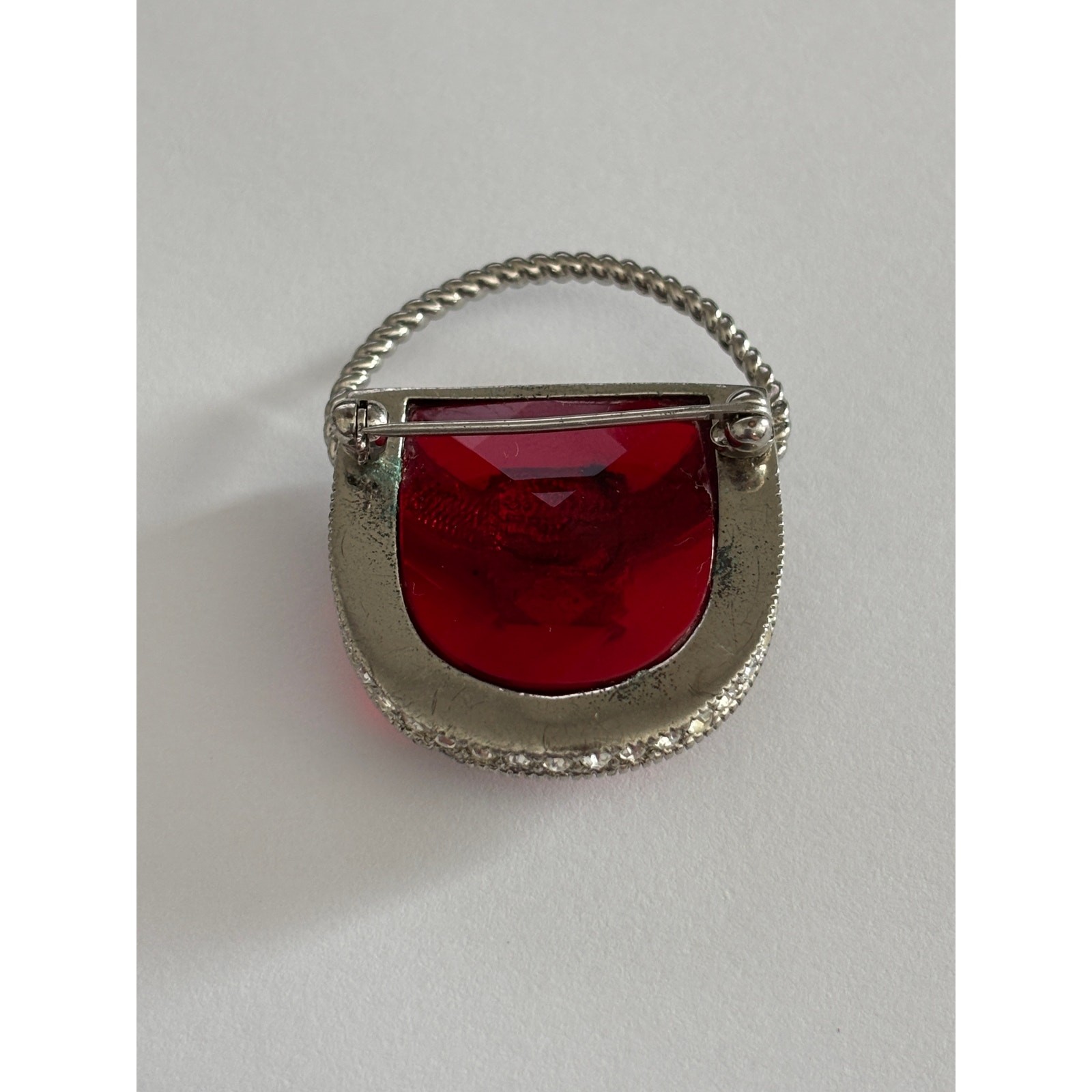 Vintage Broch Silver Tone Red Glass Crystal Purse Shape