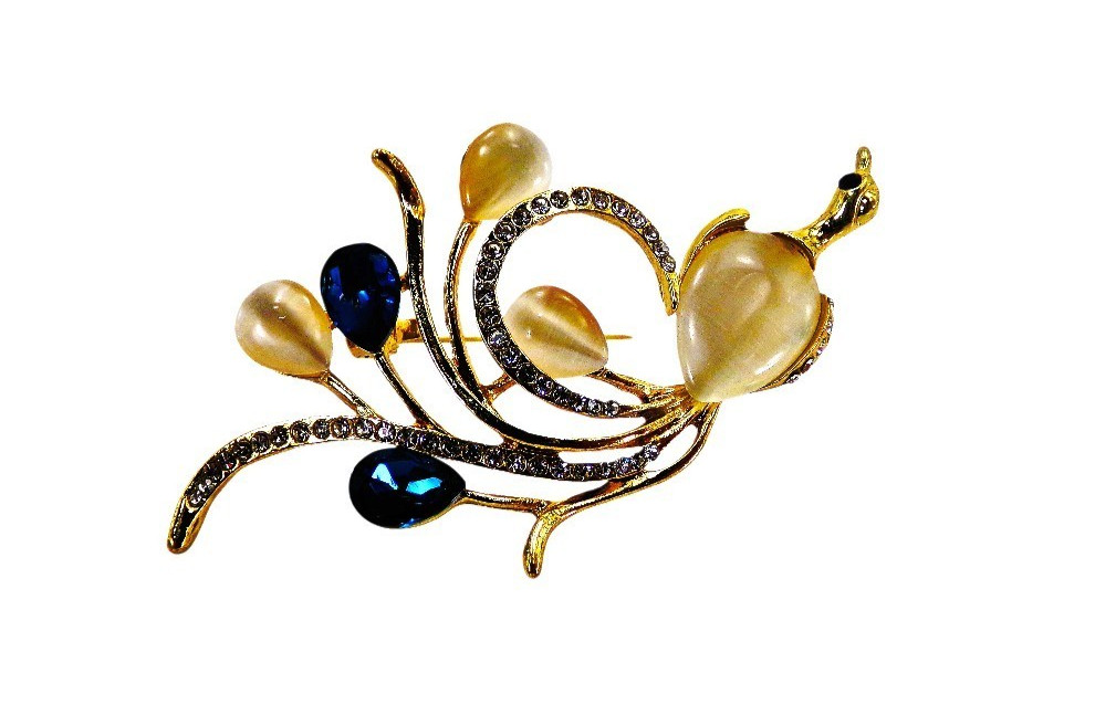 Swan Pin Brooch with white cat eye, blue and clear crystals, gold finish NEW