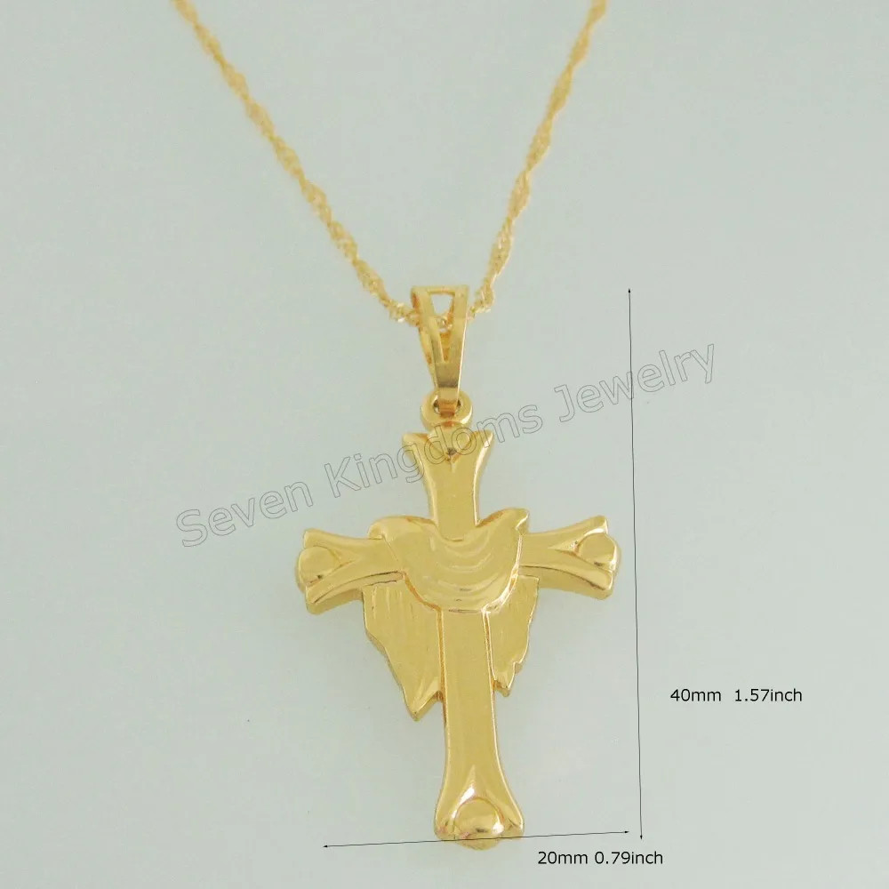 YELLOW GOLD COLOR 45CM WATER WAVE NECKLACE PLAIN SURFACE JESUS CROSS GOD PENDANT