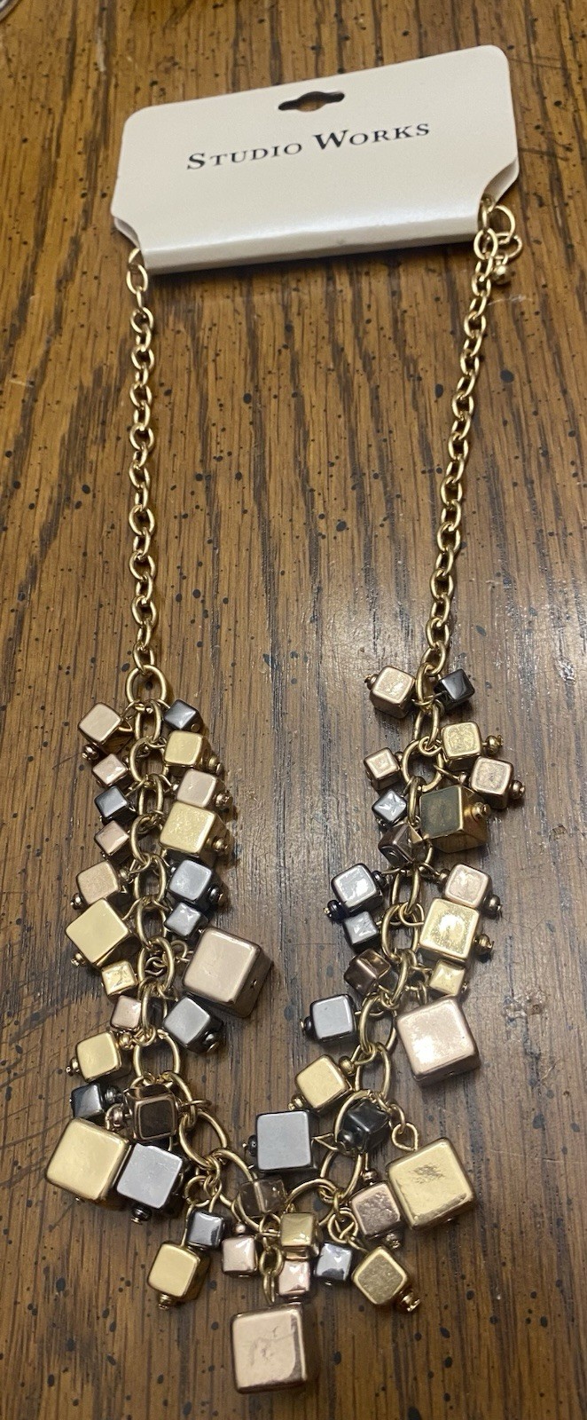 STUDIO WORKS 18”-20” NEW Interesting Dangling Block Necklace Gold Tone & Silver
