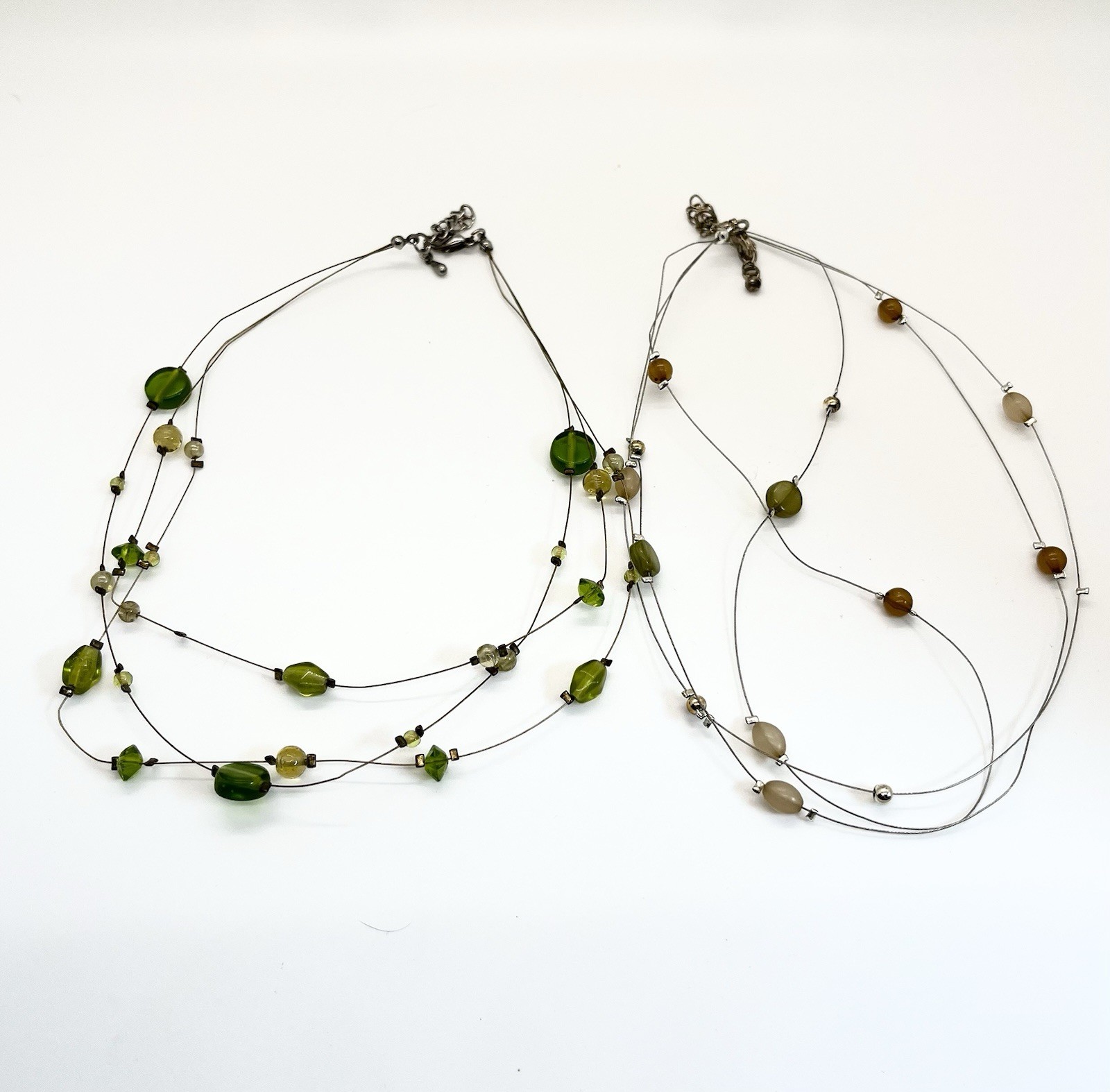 Spring Colors – Beaded Wire Necklaces Green Yellow Beige Lobster Clasp Set
