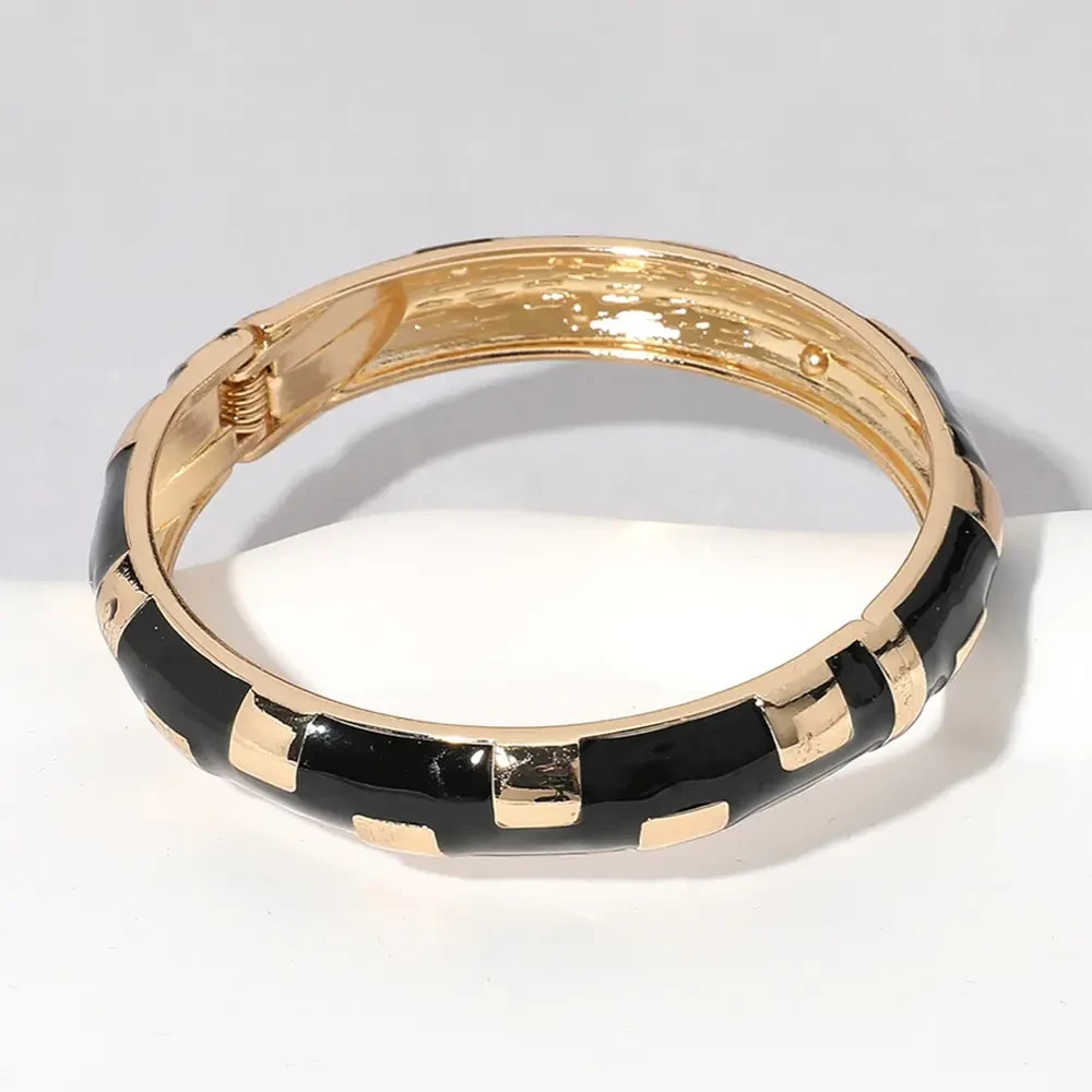 Gold & Black Enamel Hinged Bracelet – Fashion Bangle – 2.4” Diameter – Chic