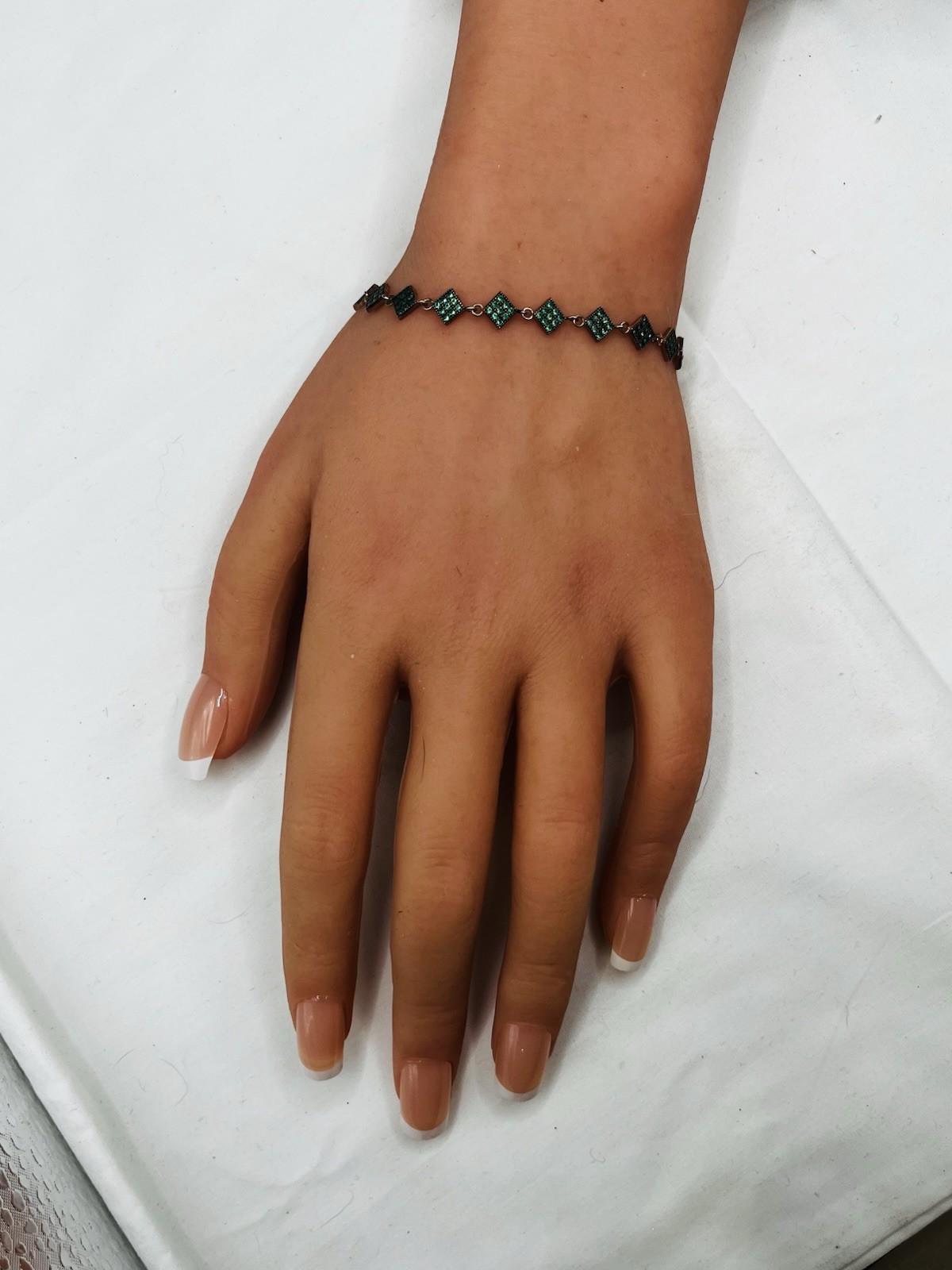 Green Stone Lozenge Geometric Station Bracelet Rose Gold On Sterling Adjustable