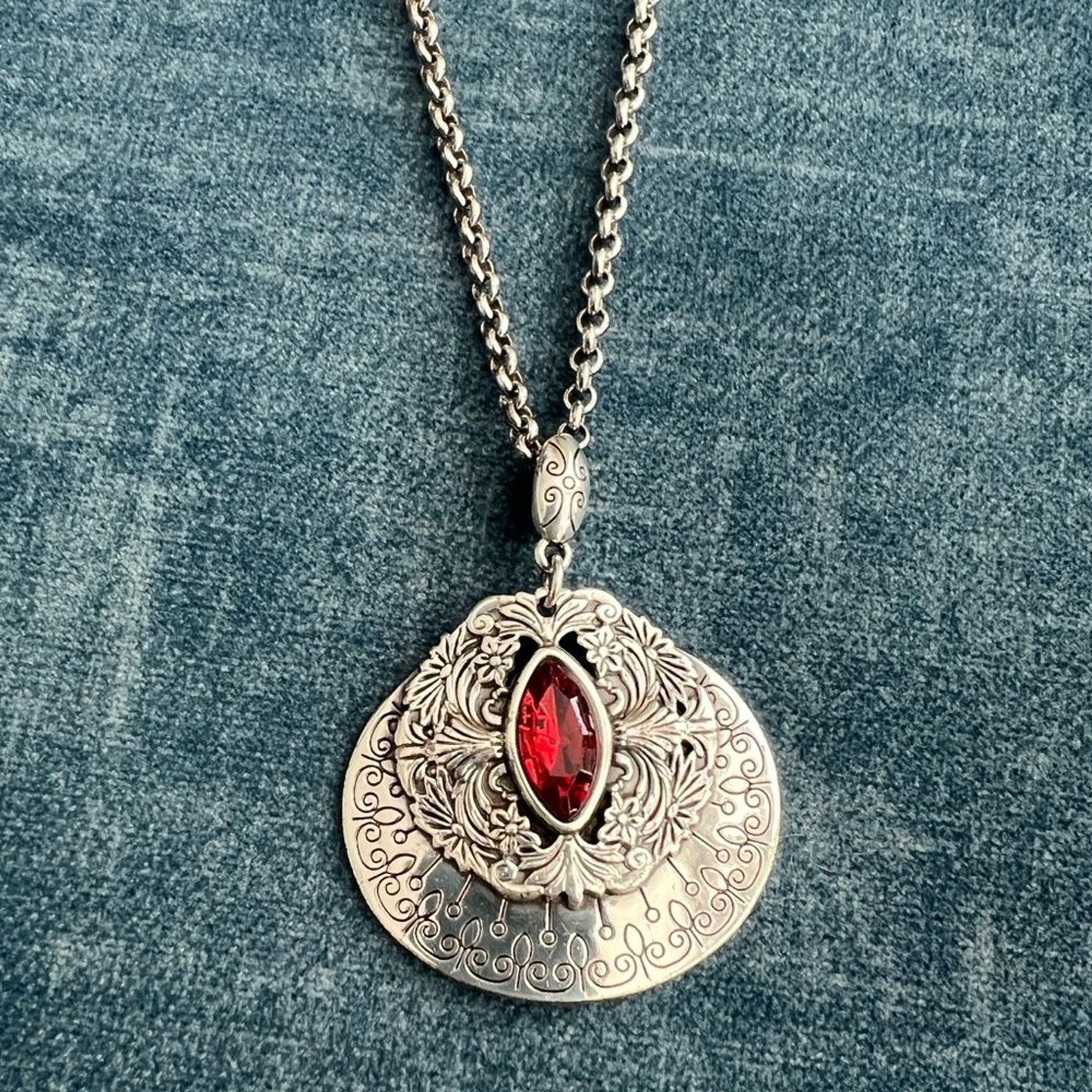 Brighton Rouge Lace Silver Plate Pendant Necklace w Red Navette Crystal