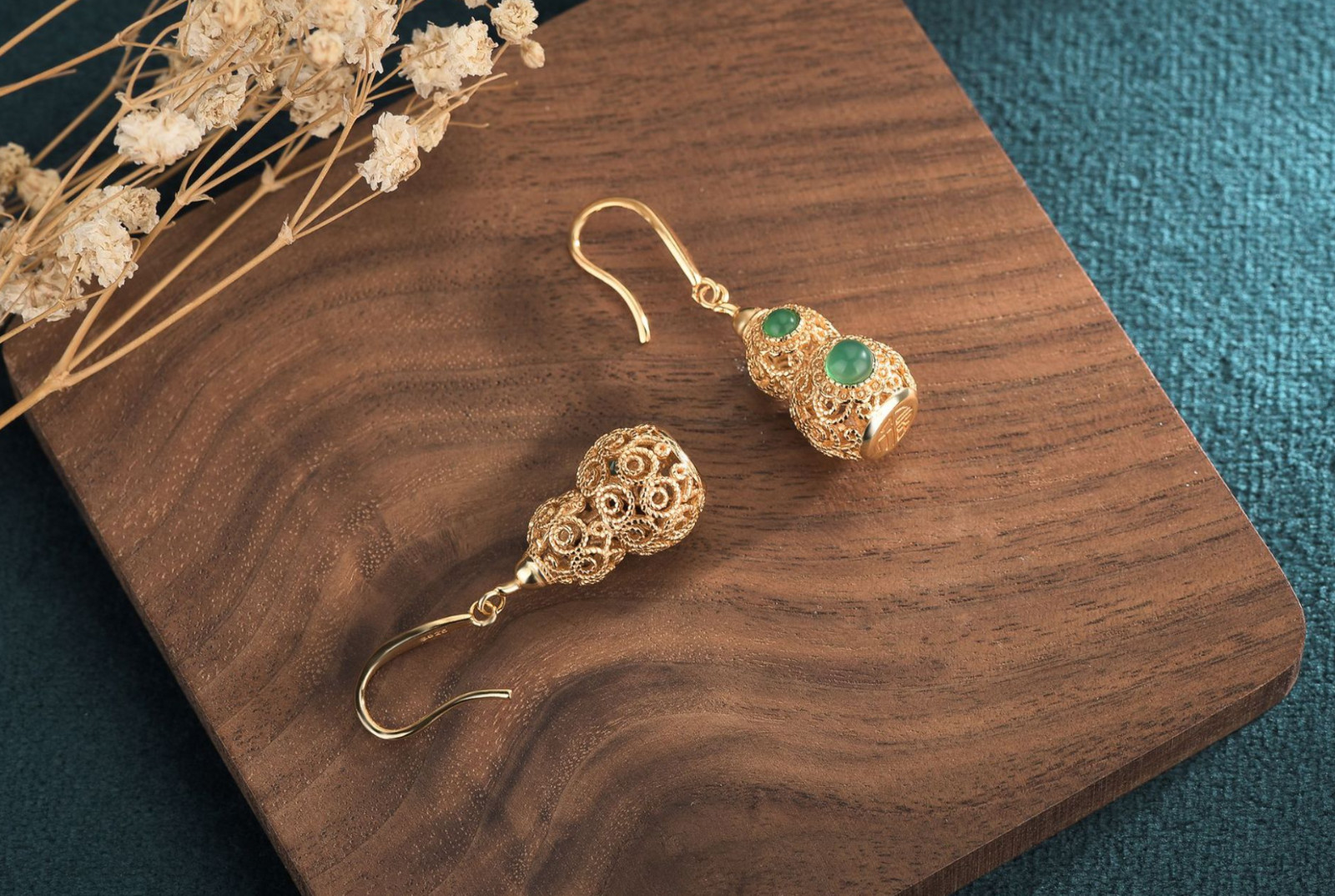 Jade Drop Dangle Earrings Hollow-carved Gourd Gemstone Ear Hook 18K Gold Plated