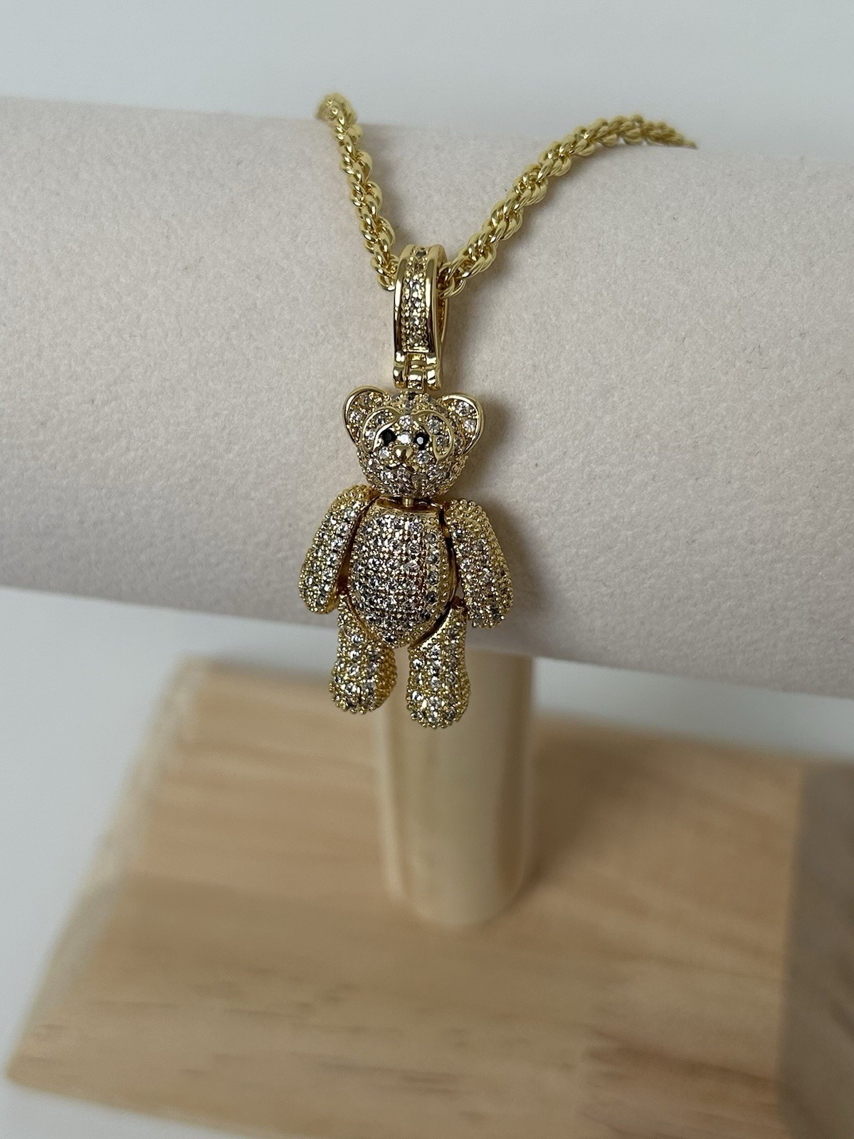 18ct G.F & CZ Stone Teddy Bear Pendant Necklace 55cm (22’) Rope Chain 18K Filled