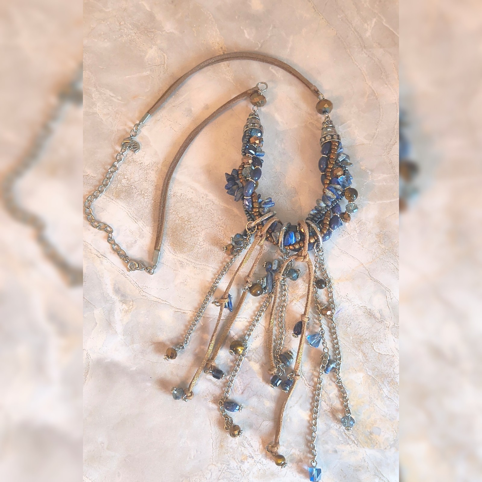 Premiere Designs Denim Falls Boho Blue Lapis Waterfall Necklace Brown Suede