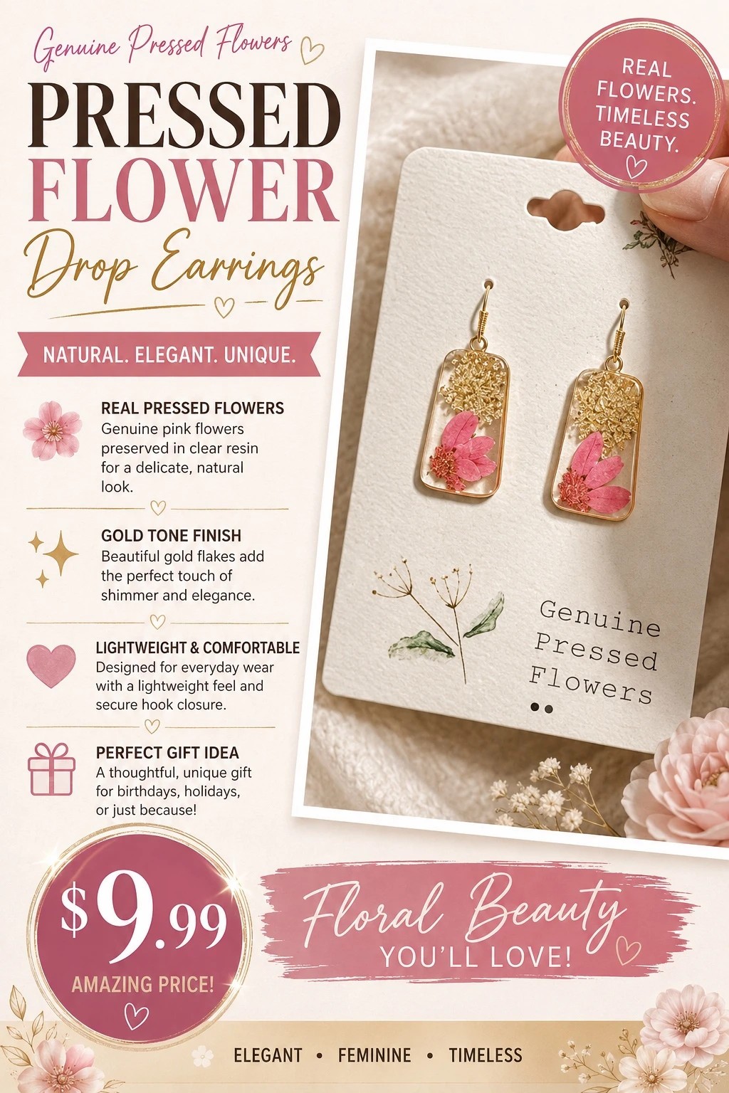 ZAD Genuine Pressed Flower Gold Oblong Drop Earrings | Pink Floral Resin | New