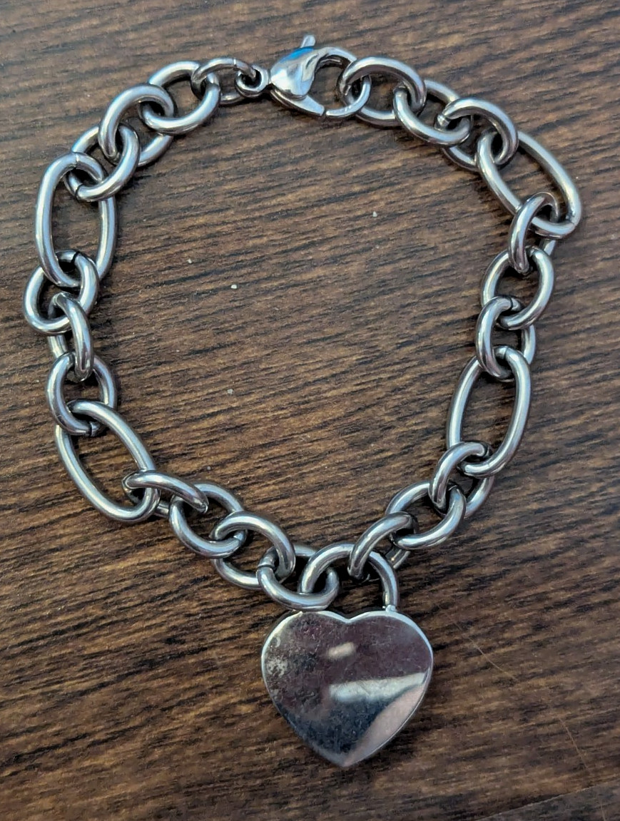 Silver Stainless Steel Bracelet with ‘M’ in Heart Lock Charm with Rhinestones