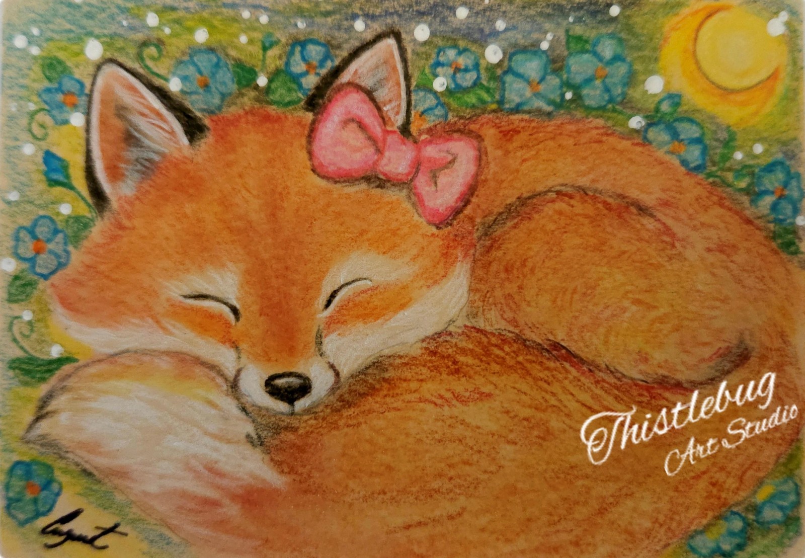 ACEO Fox Pastel Painting Kirks Folly Bow Pendant Brooch Pink Bows Gift Set CUTE!