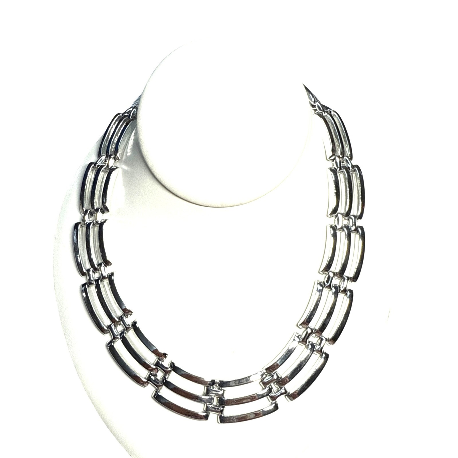 Geometric Link Necklace Silvertone Statement Chain Chunky Modern Jewelry
