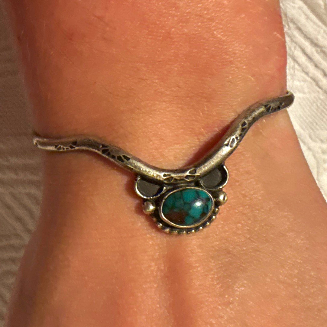 Signed Navajo Silver Tone Wishbone Cuff Bracelet w/ Oval Blue Turquoise