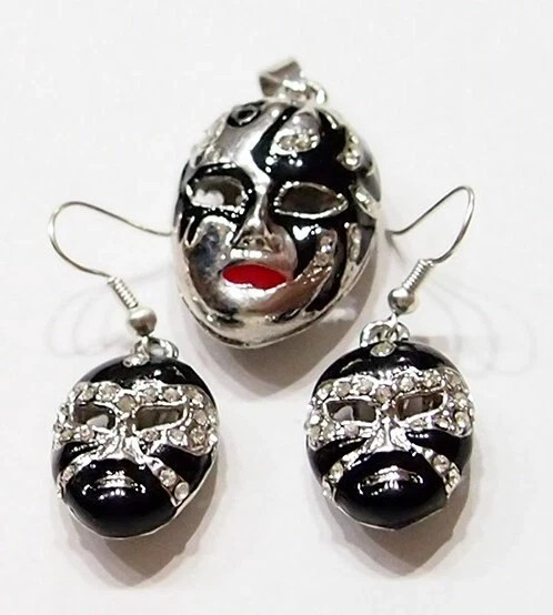 3 Black Silver Mardi Gras Enamel Crystal Pendant 39x20mm &Earring 24x16mm /Charm