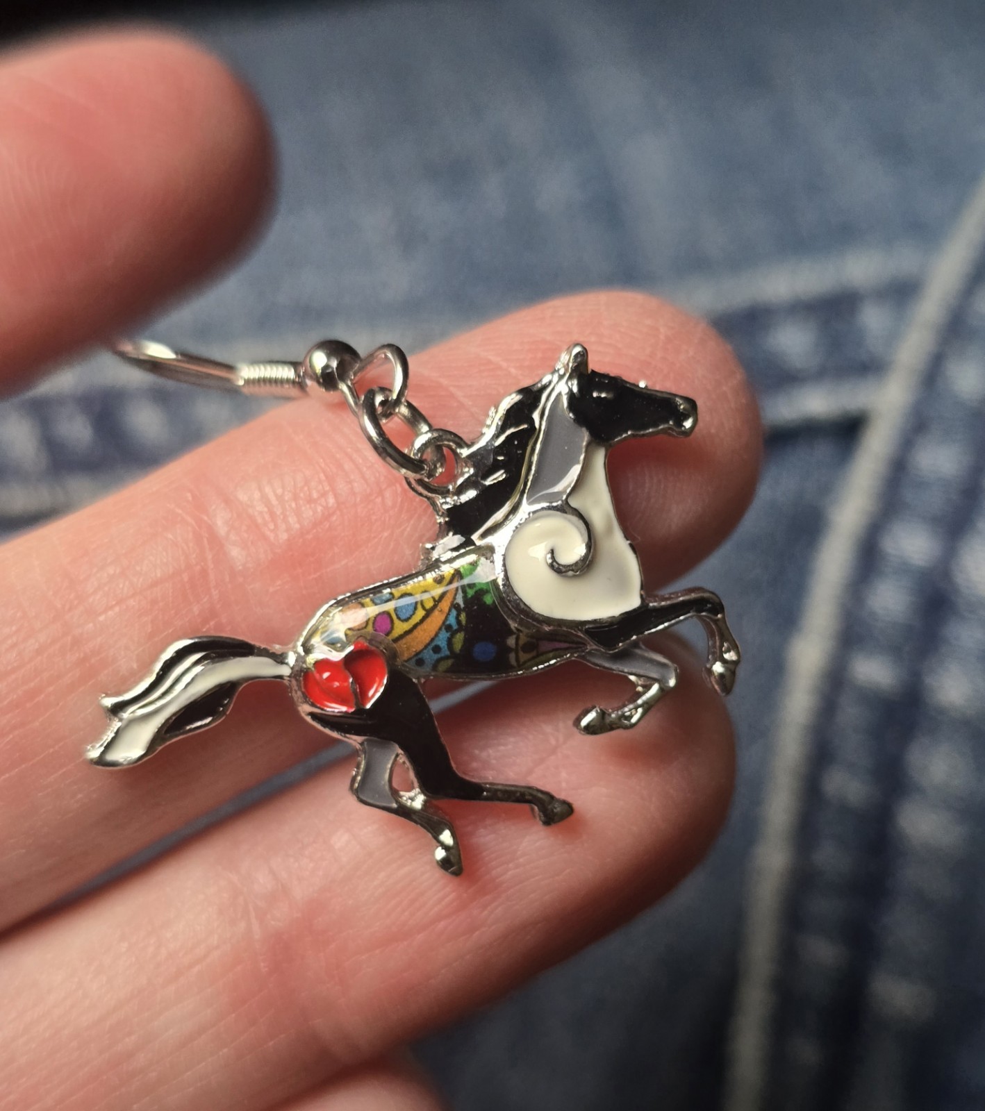 Horse Earrings Dangle Black, white, gray silver-tone. Equestrian gift, Western