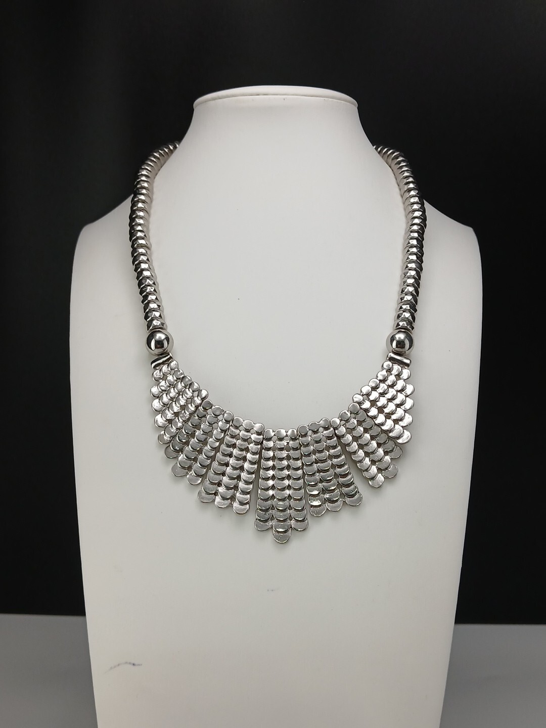 CHICO’S silver tone metal beads crescent design statement necklace