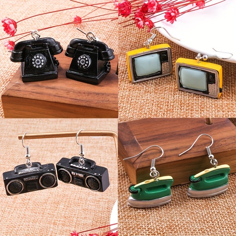 4 Pairs of Retro-style Creative Resin Telephone TV, Iron Radio Designs Earrings