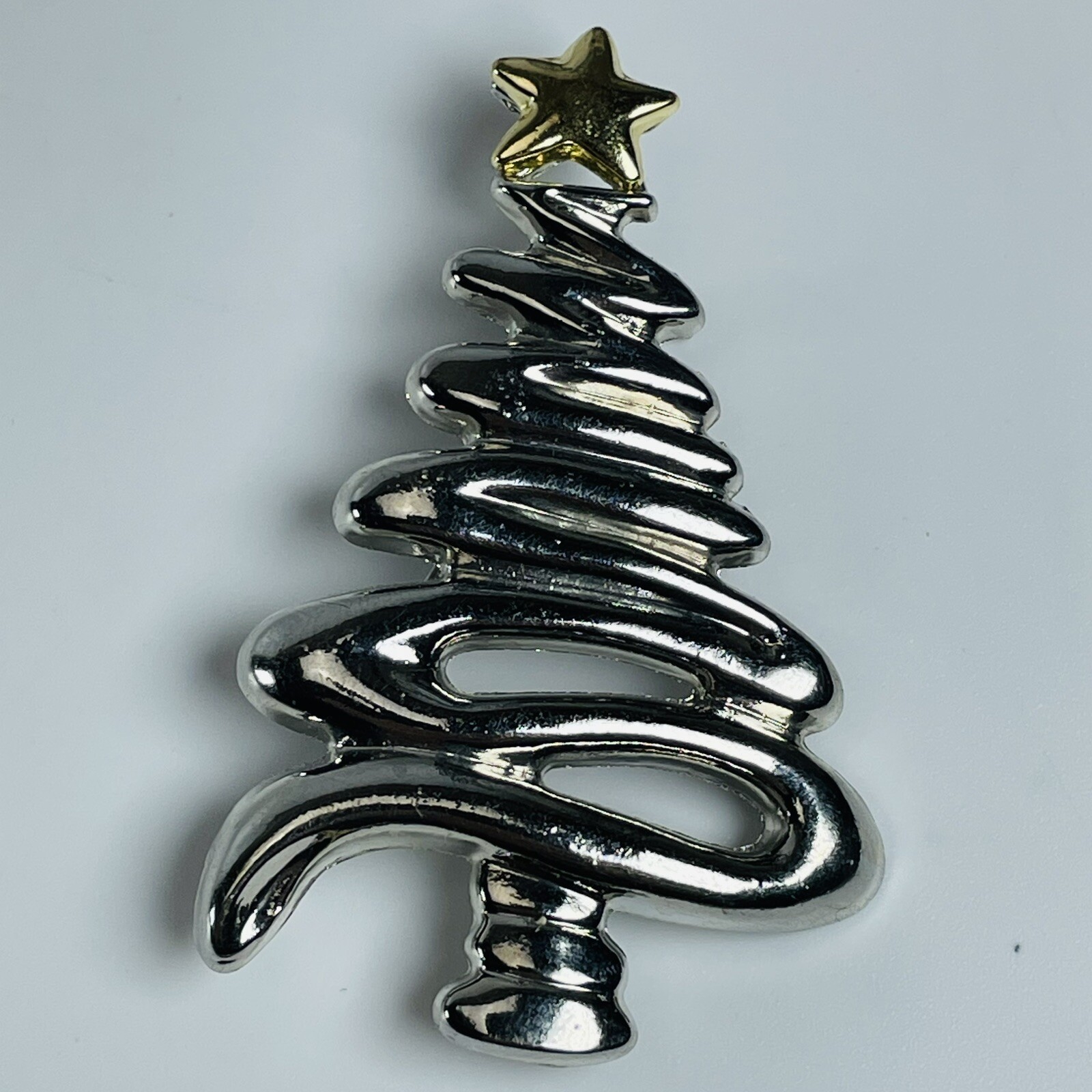 Swirl Design Christmas Tree Brooch Pin Silvertone Gold Star Holiday Jewelry